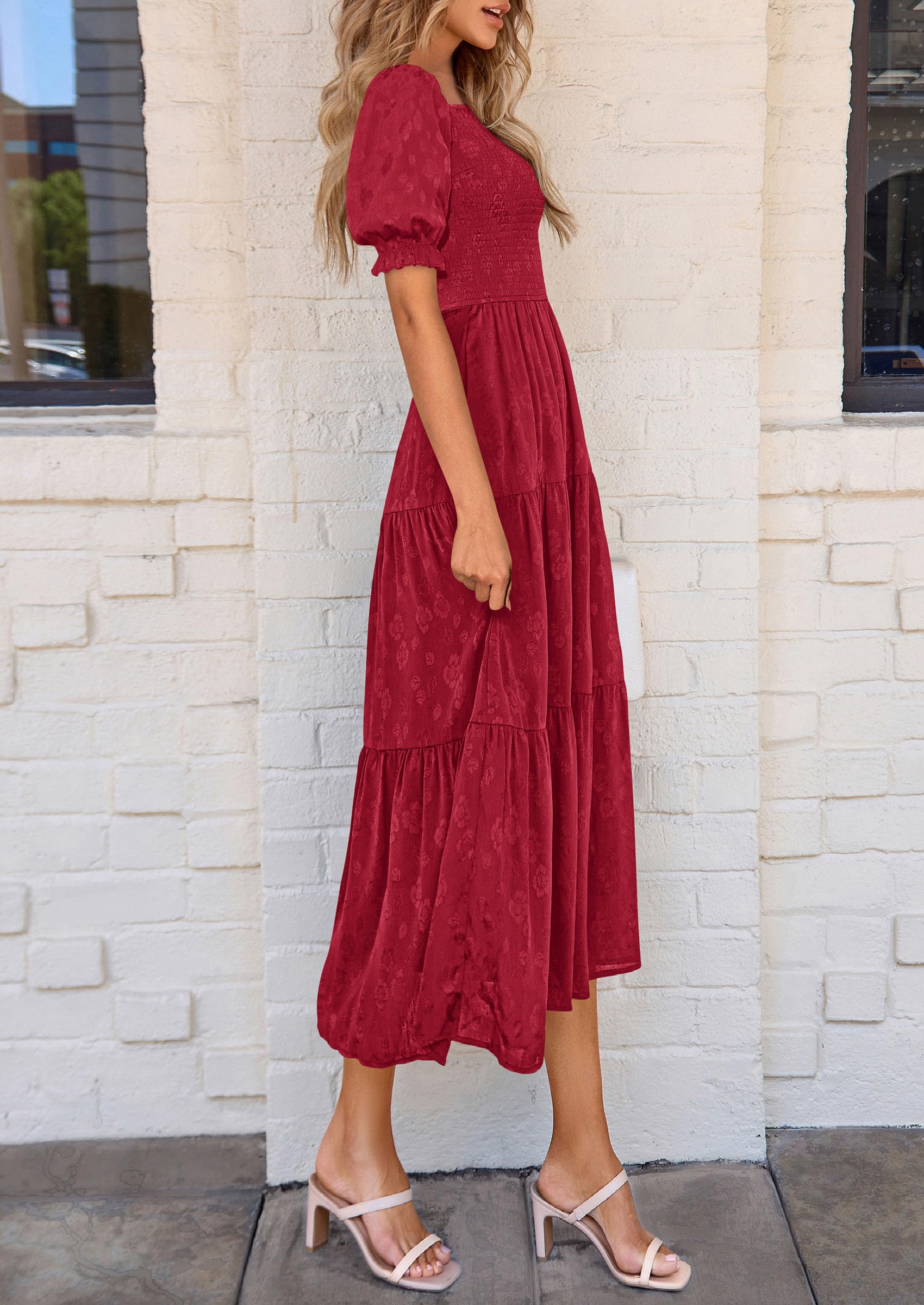 PRETTYGARDEN Women's Summer Casual Midi Dresses Square Neck Short Sleeve Smocked A Line Floral Flowy Elegant Boho Dress