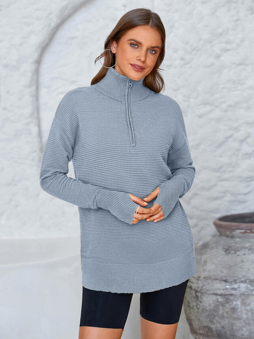 PRETTYGARDEN Womens Long Sleeve Quarter Zip Pullover Sweater Casual Loose V Neck Collared Ribbed Knit Jumper Tops Thumb Hole