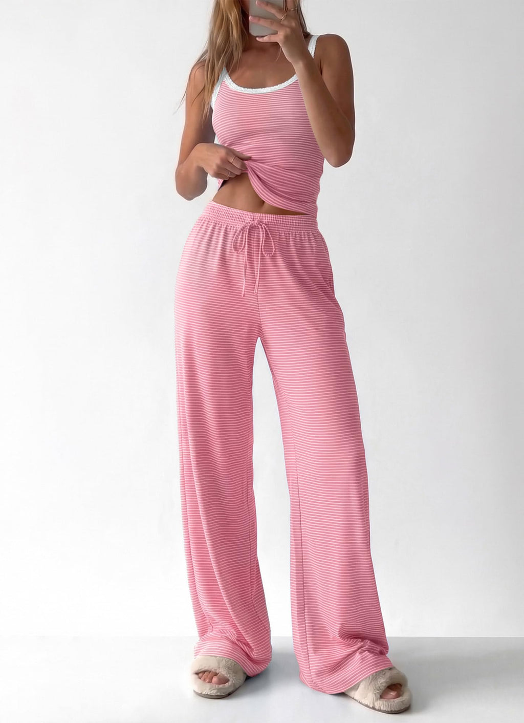 BTFBM Lounge Sets For Women Striped 2 Piece Pajama Sets Spaghetti Strap Tops Wide Leg Pants Beach Vacation Outfits