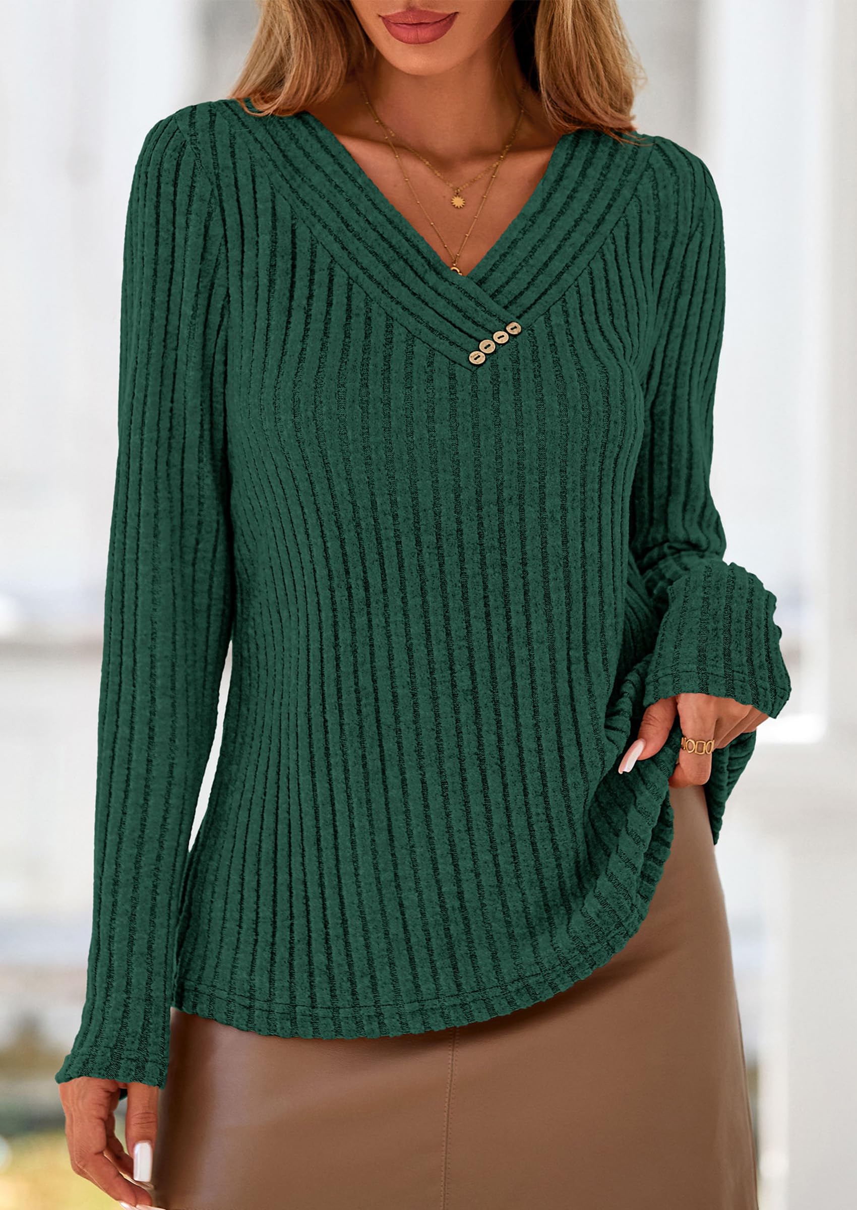 PRETTYGARDEN Women's Long Sleeve Shirts Fall Fashion Clothes Casual Ribbed V Neck Loose Tunic Tops Lightweight Sweaters