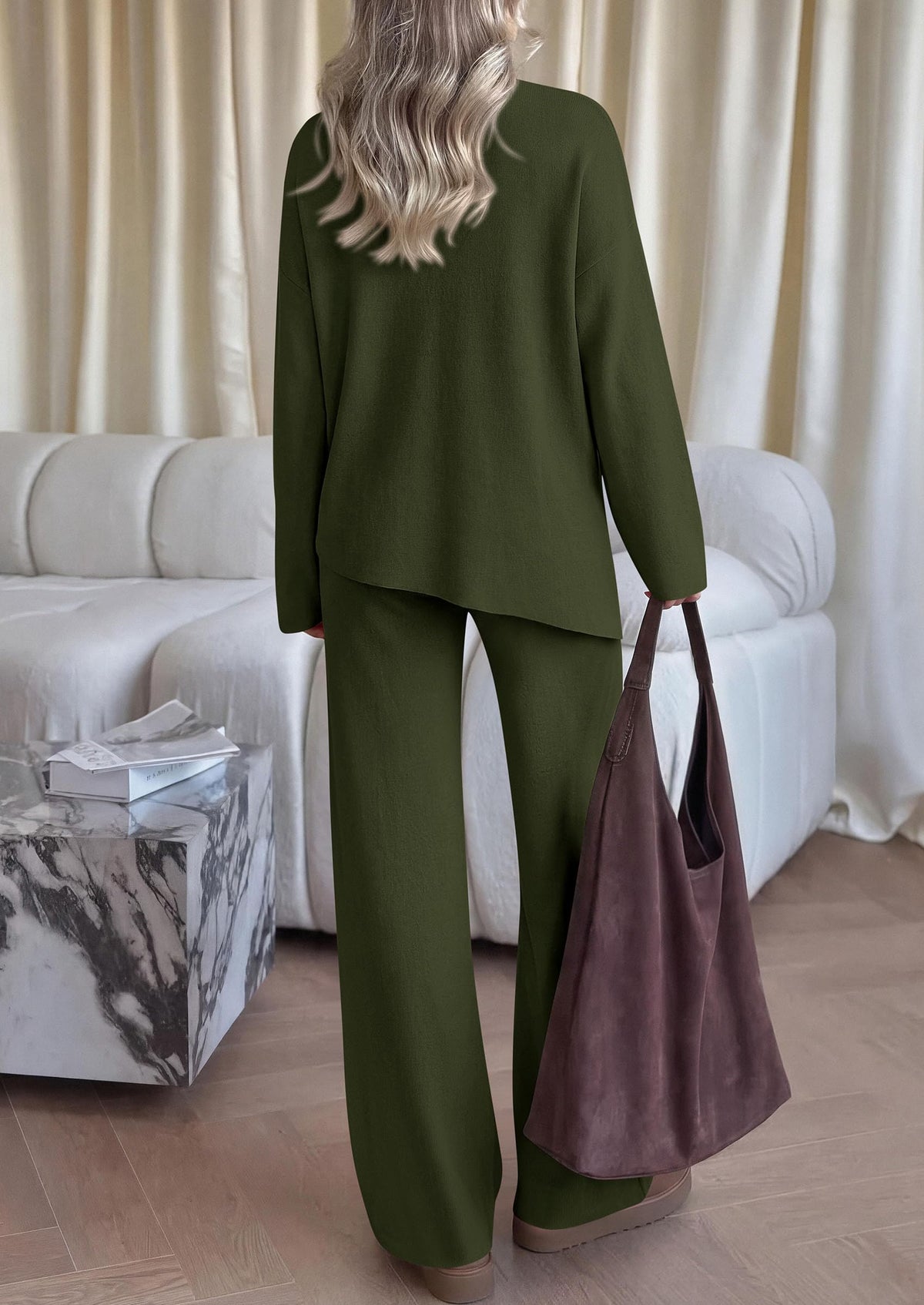 PRETTYGARDEN Womens Fall 2 Piece Asymmetric Cozy Sweater Travel Lounge Sets Crewneck Drop Shoulder Tops, Wide Leg Pants, Soft Casual Knit Matching Set,Vacation Airport Holiday Outfits