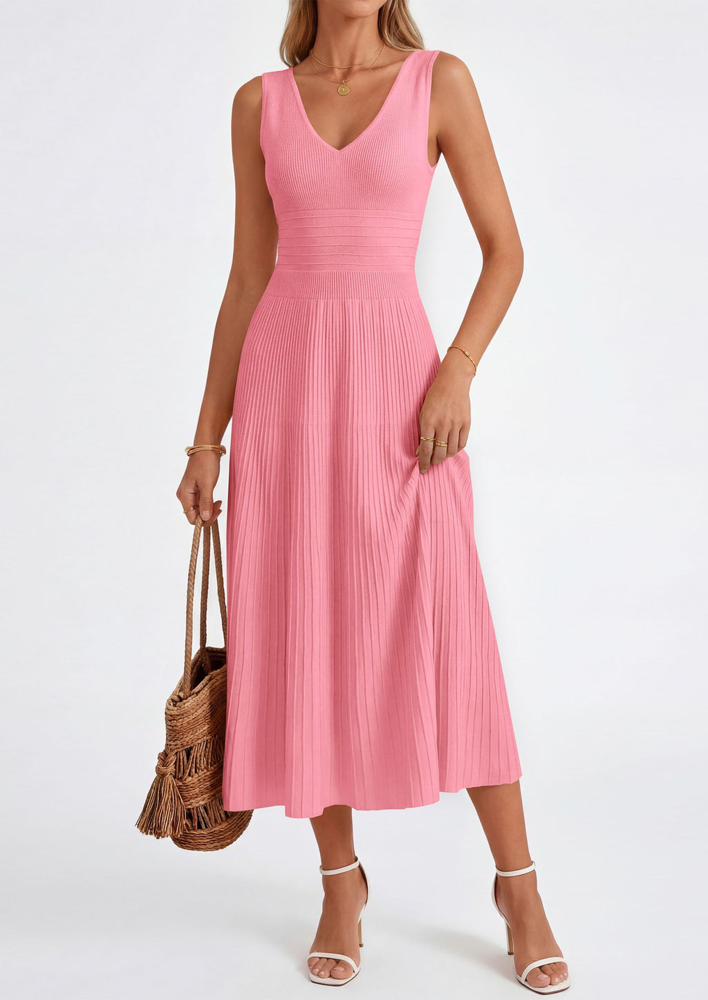 PRETTYGARDEN Women's Summer Casual Dresses Spring Sleeveless V Neck Knit Midi Business Work A Line Cocktail Dress