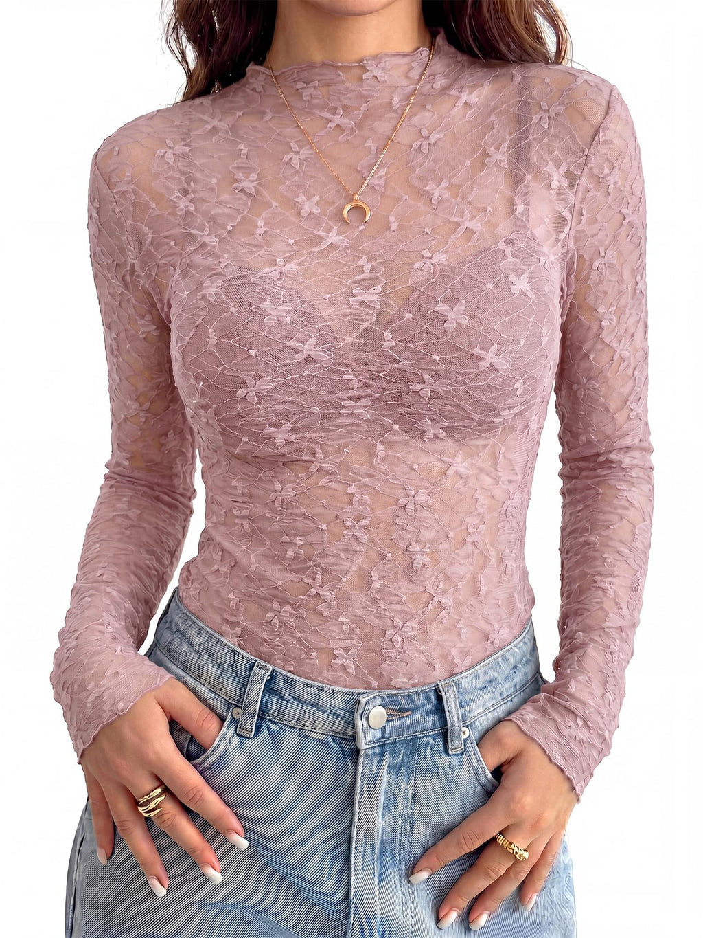 BTFBM Womens Tops Mesh Lace Long Sleeve Tops for Women Spring Fall Sheer See Through Tight Party Club Outfits