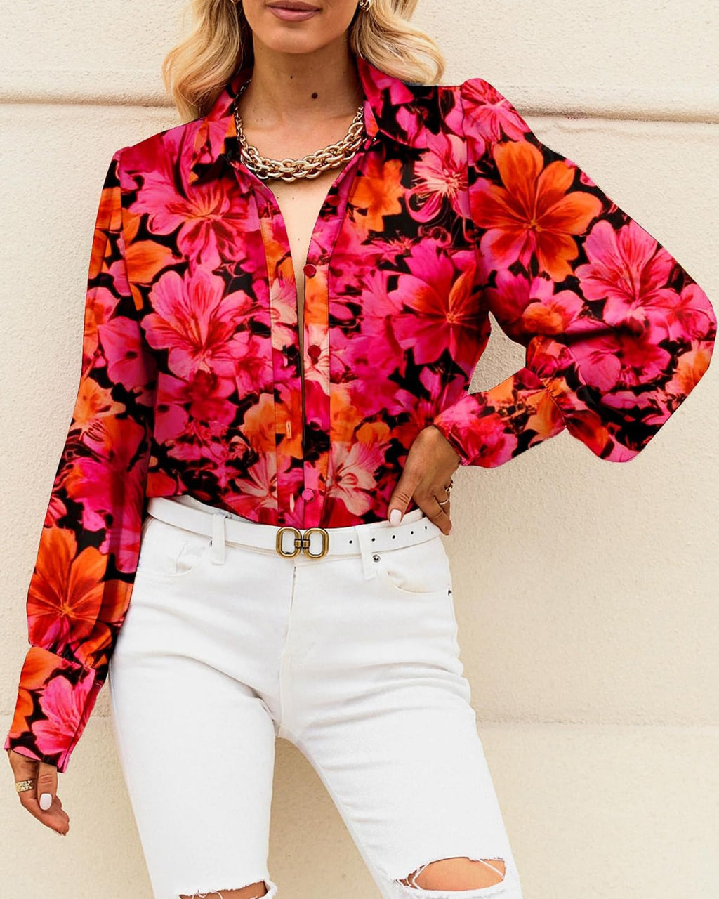 BTFBM Women Fashion Button Down Shirts V Neck Boho Printed Long Sleeve Blouses Dressy Casual Spring Fall Tops