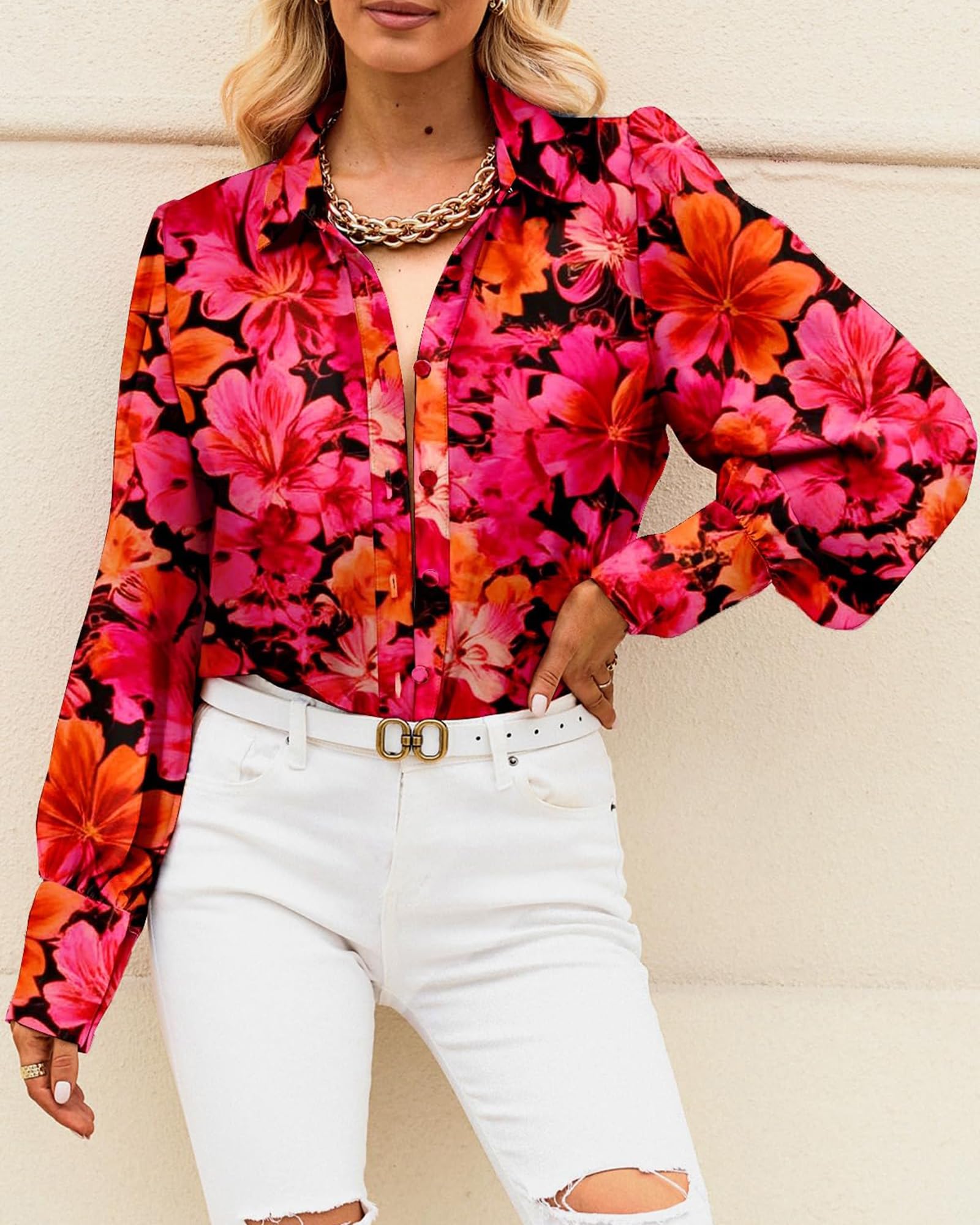 BTFBM Women Fashion Button Down Shirts V Neck Boho Printed Long Sleeve Blouses Dressy Casual Spring Fall Tops