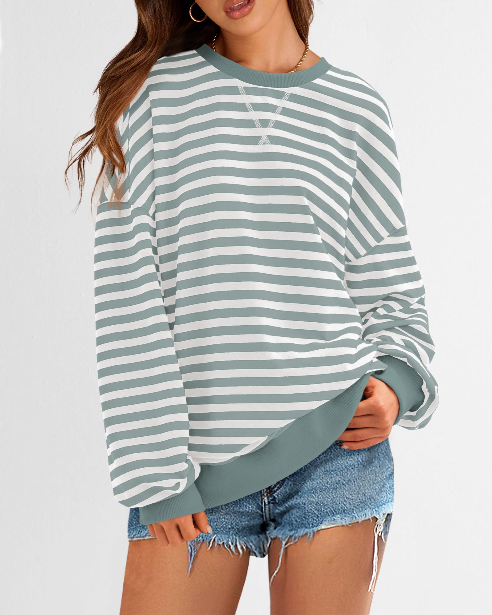 BTFBM Sweatshirt For Women Summer Crewneck Long Sleeve Oversized Striped Pullover Tops Y2K Clothes Workout Shirt