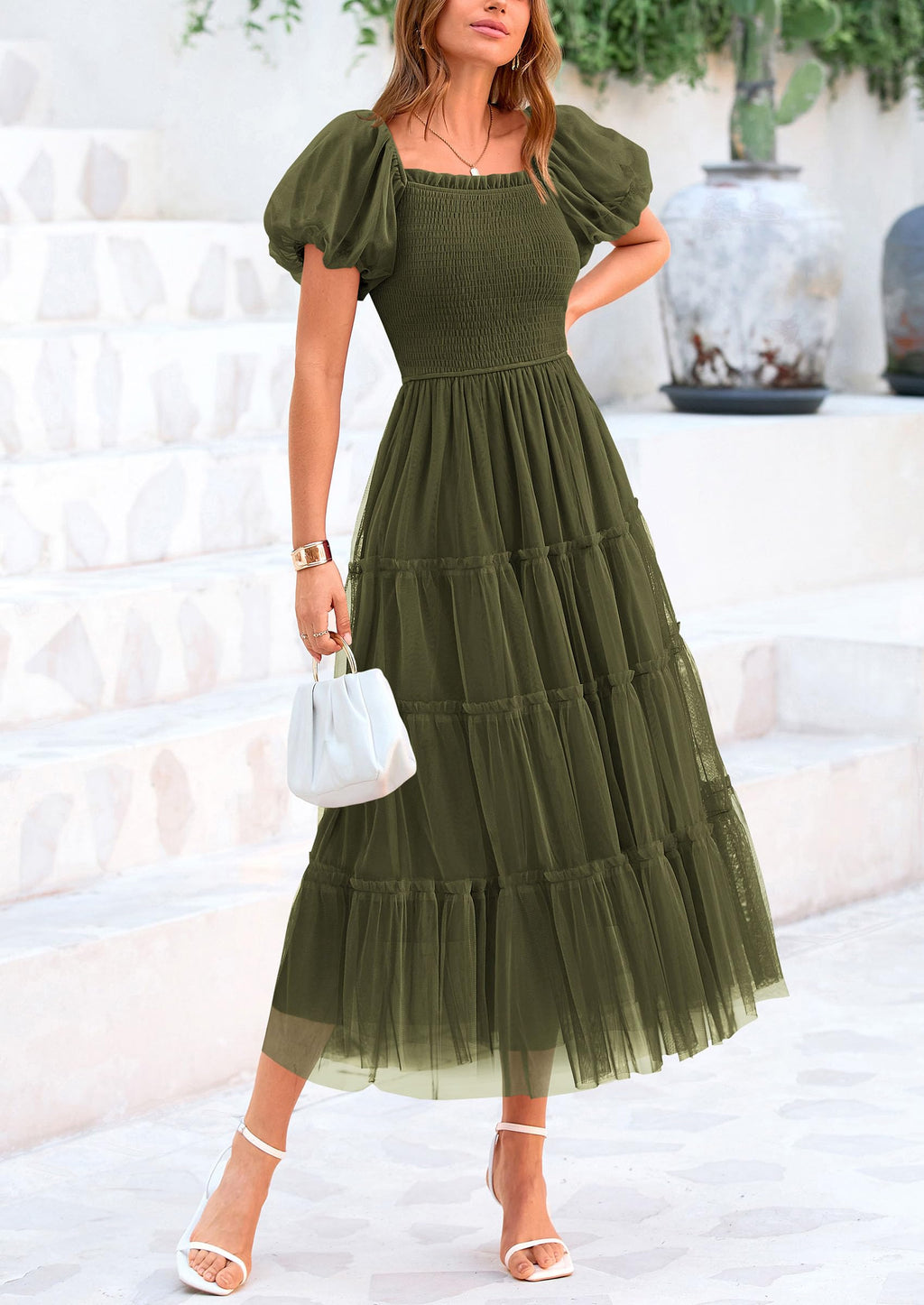 PRETTYGARDEN Women's Smocked Midi Tulle Dress  Summer Puffy Short Sleeve Square Neck Ruffle Wedding Guest Party Dresses