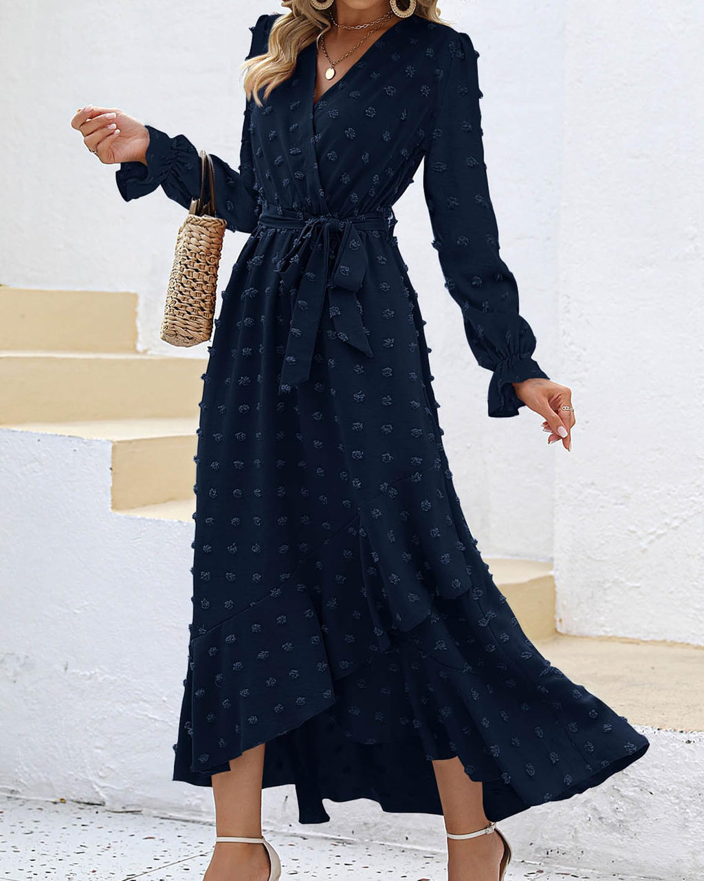 FreshPretty Long Sleeve Maxi Dresses for Women V Neck Swiss Dot Boho Flowy Slit Cocktail Wedding Guest Dress Fall Clothes