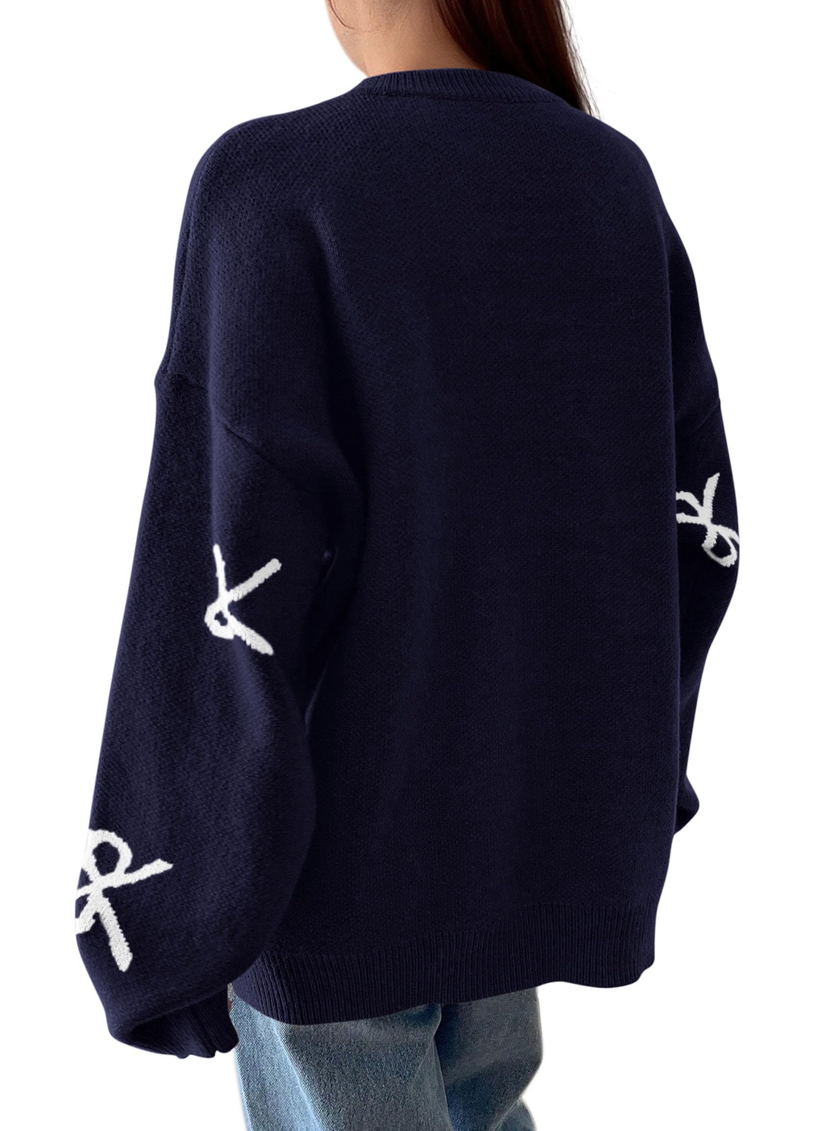 PRETTYGARDEN Fall Long Sleeve Pullover Sweaters for Women Trendy Crewneck Casual Cute Bow Chunky Knit Oversized Sweater