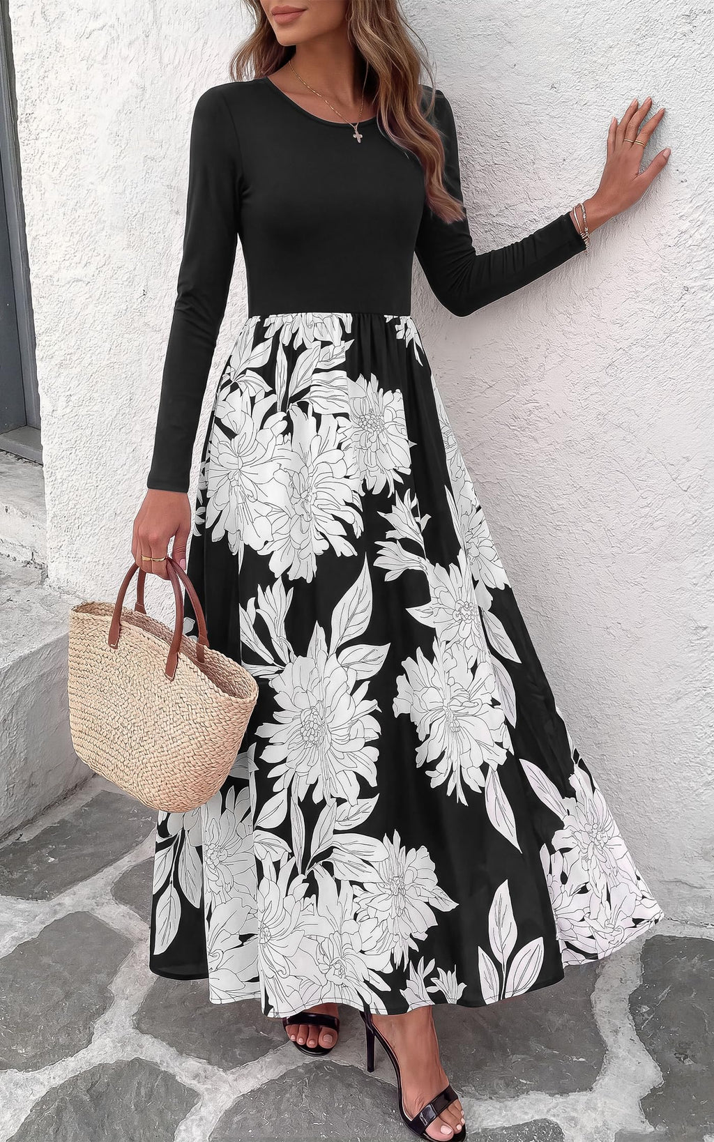 FreshPretty Women's Long Sleeve Boho Floral Flowy Fall Maxi Dress,Wedding Guest Dress,Elegant A Line Swing Bohemian Long Dresses with Pockets,Church Garden Party Resort Cruise Vacation Dress