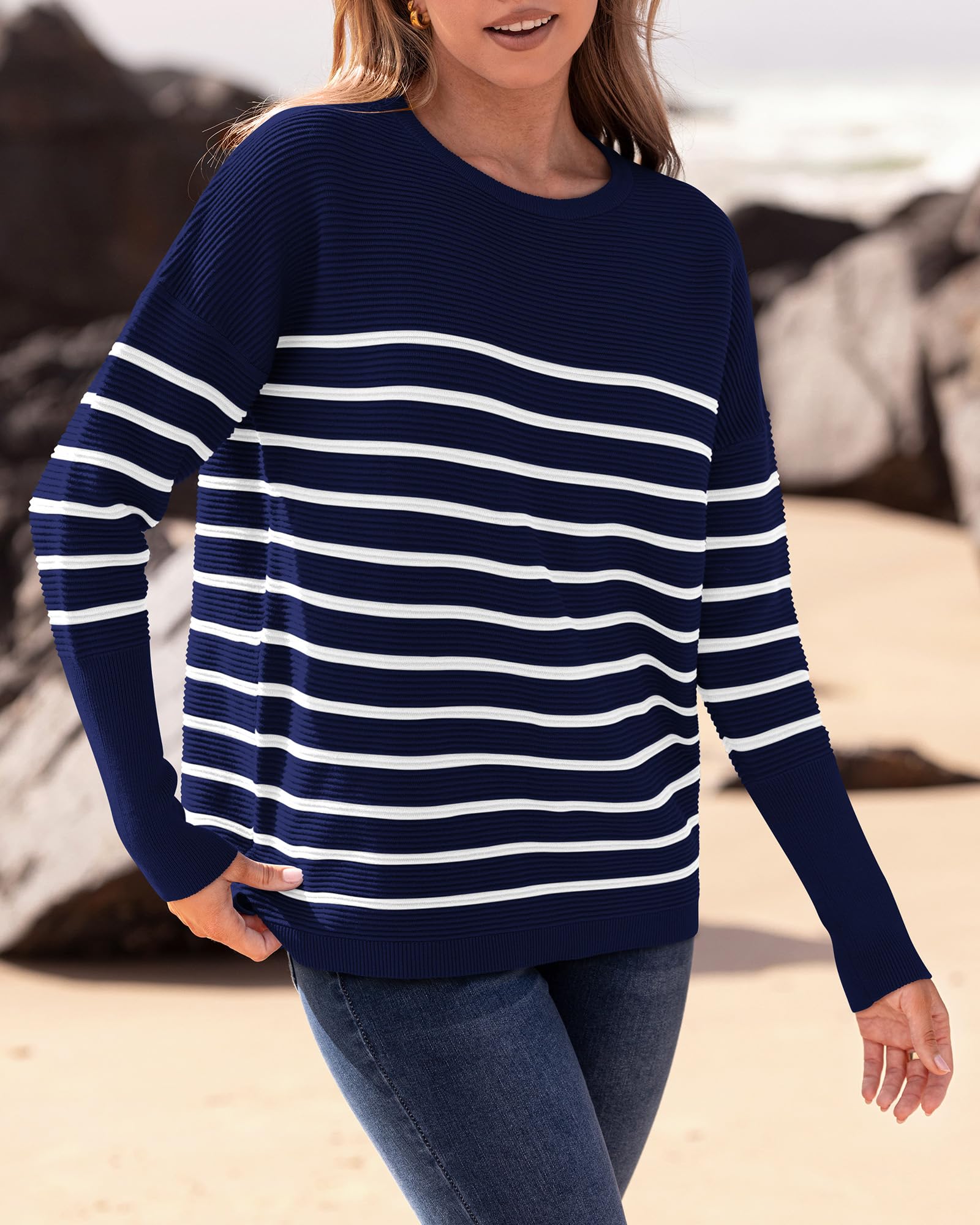 FreshPrettyFall Sweaters for Women Casual Long Sleeve Sweater Striped Loose Fit Pullover Tops