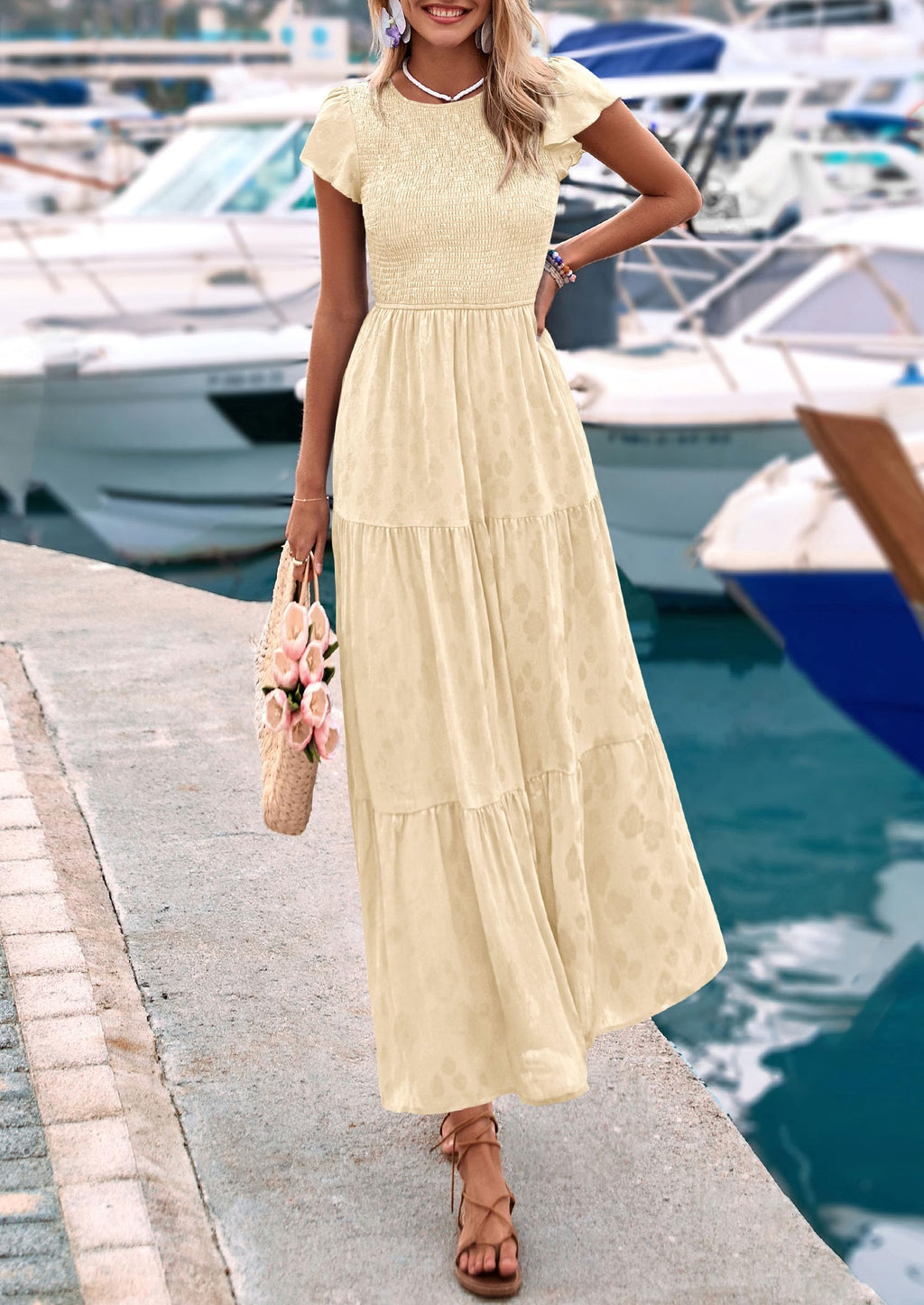 PRETTYGARDEN Wedding Guest Dresses for Women Summer Floral Cap Sleeve Smocked A Line Long Elegant Party Boho Dress