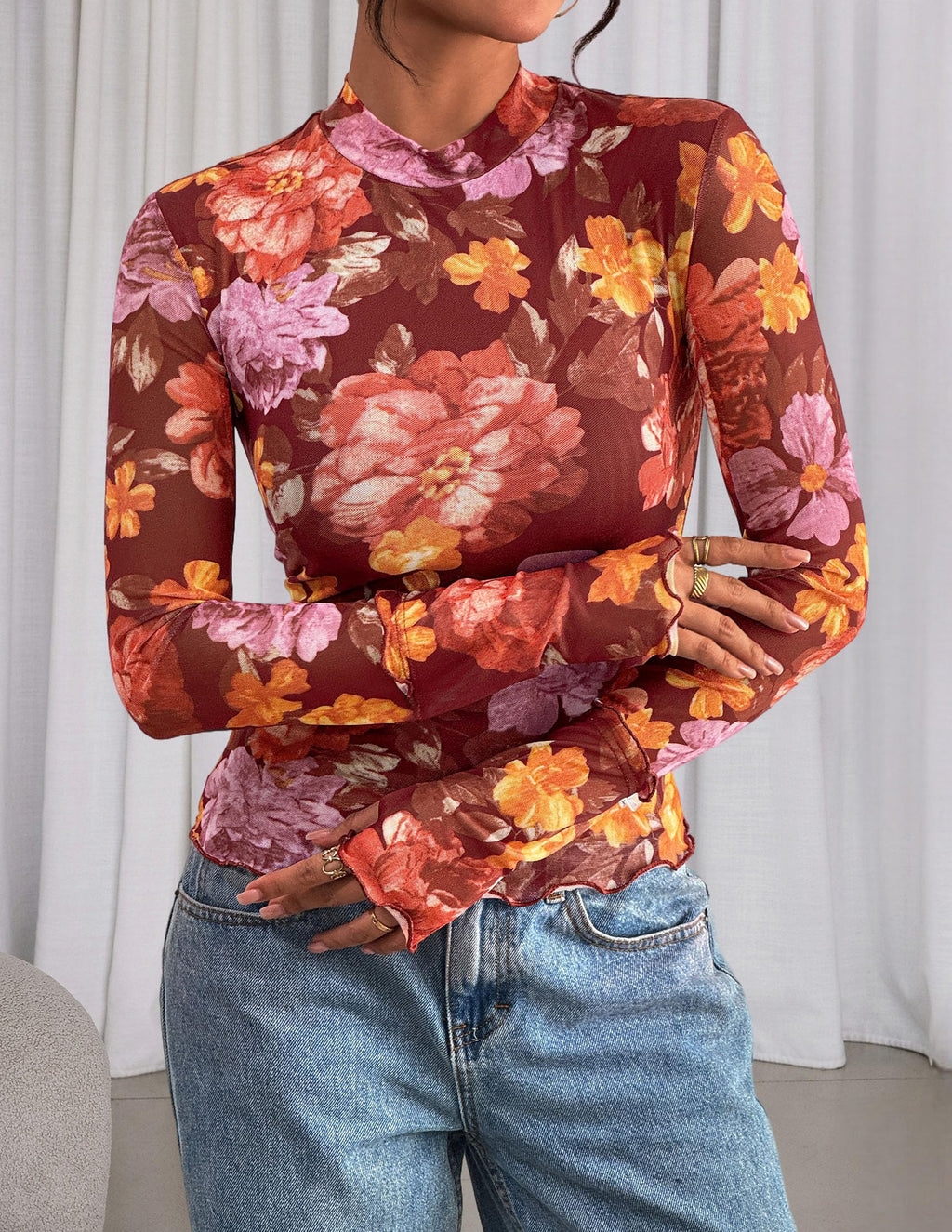 PRETTYGARDEN Womens Fall Mesh Floral Blouses Long Sleeve Going Out Tops Slim Fitted Shirts Date Night Outfits