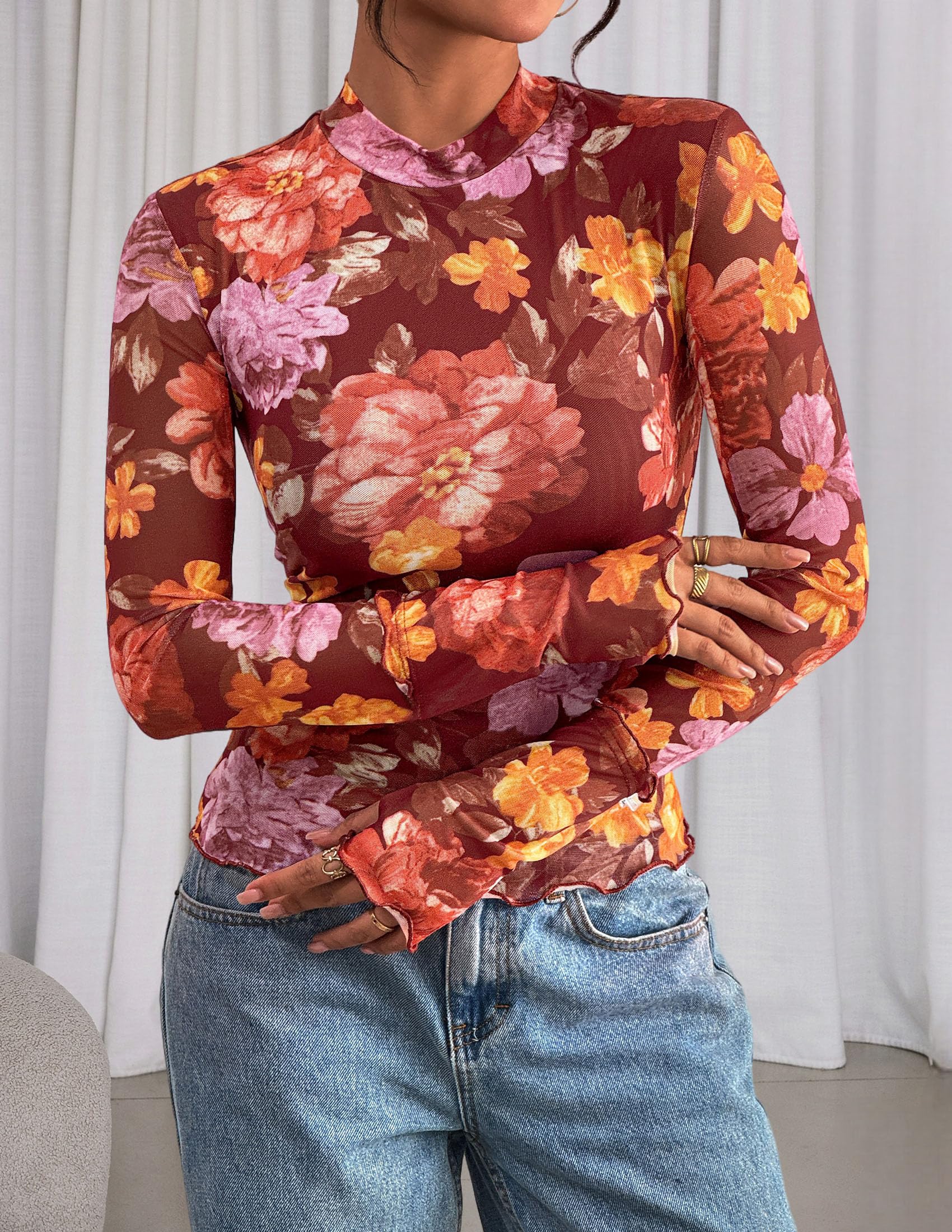 PRETTYGARDEN Womens Fall Mesh Floral Blouses Long Sleeve Going Out Tops Slim Fitted Shirts Date Night Outfits