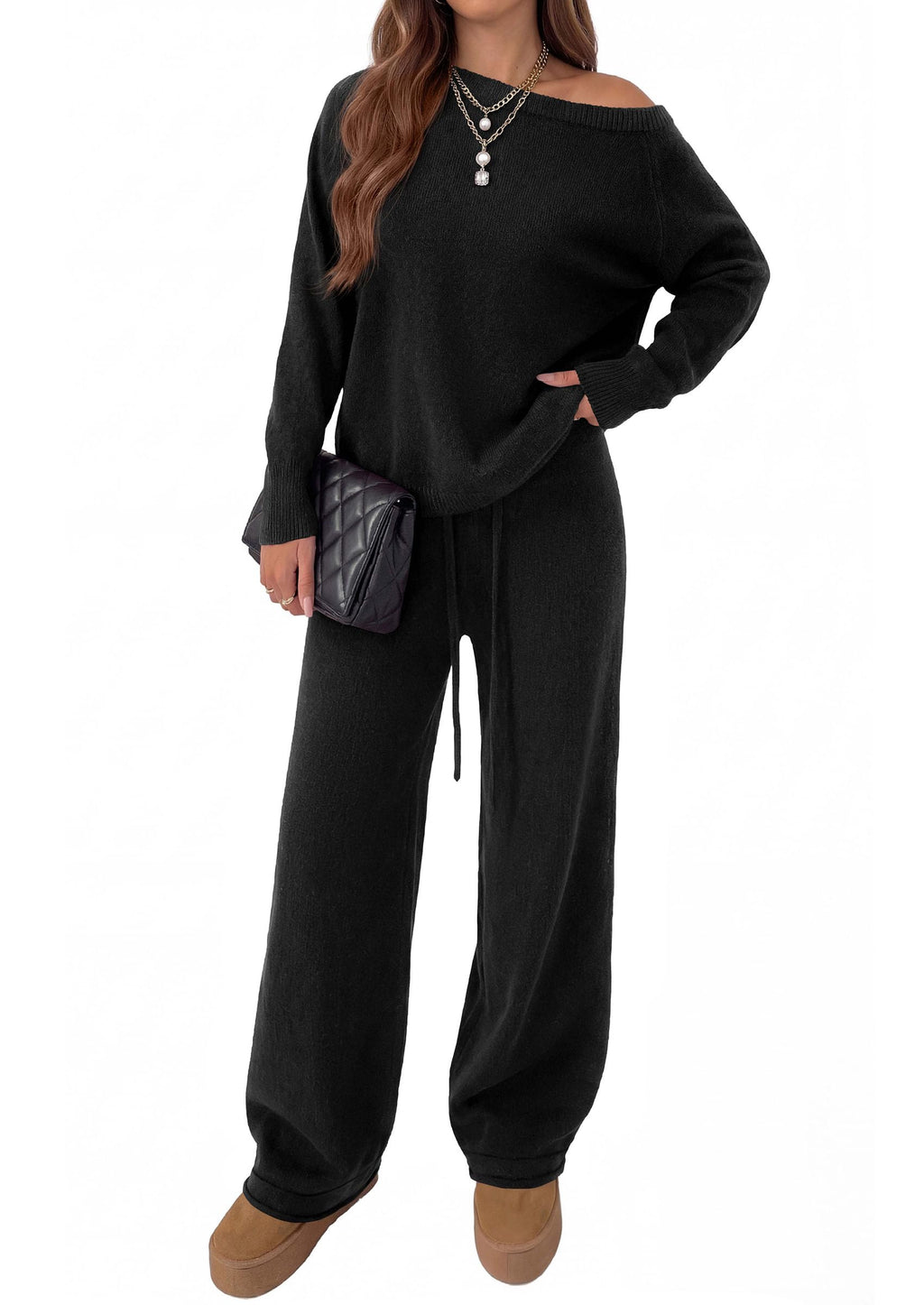 PRETTYGARDEN Lounge Sets Womens Sweaters Two Piece Outfits Cozy Boat Neck Long Sleeve Tops, Wide Leg Pants with Drawstring, Casual Fall Fashion Airport & Travel, Knit Matching Set