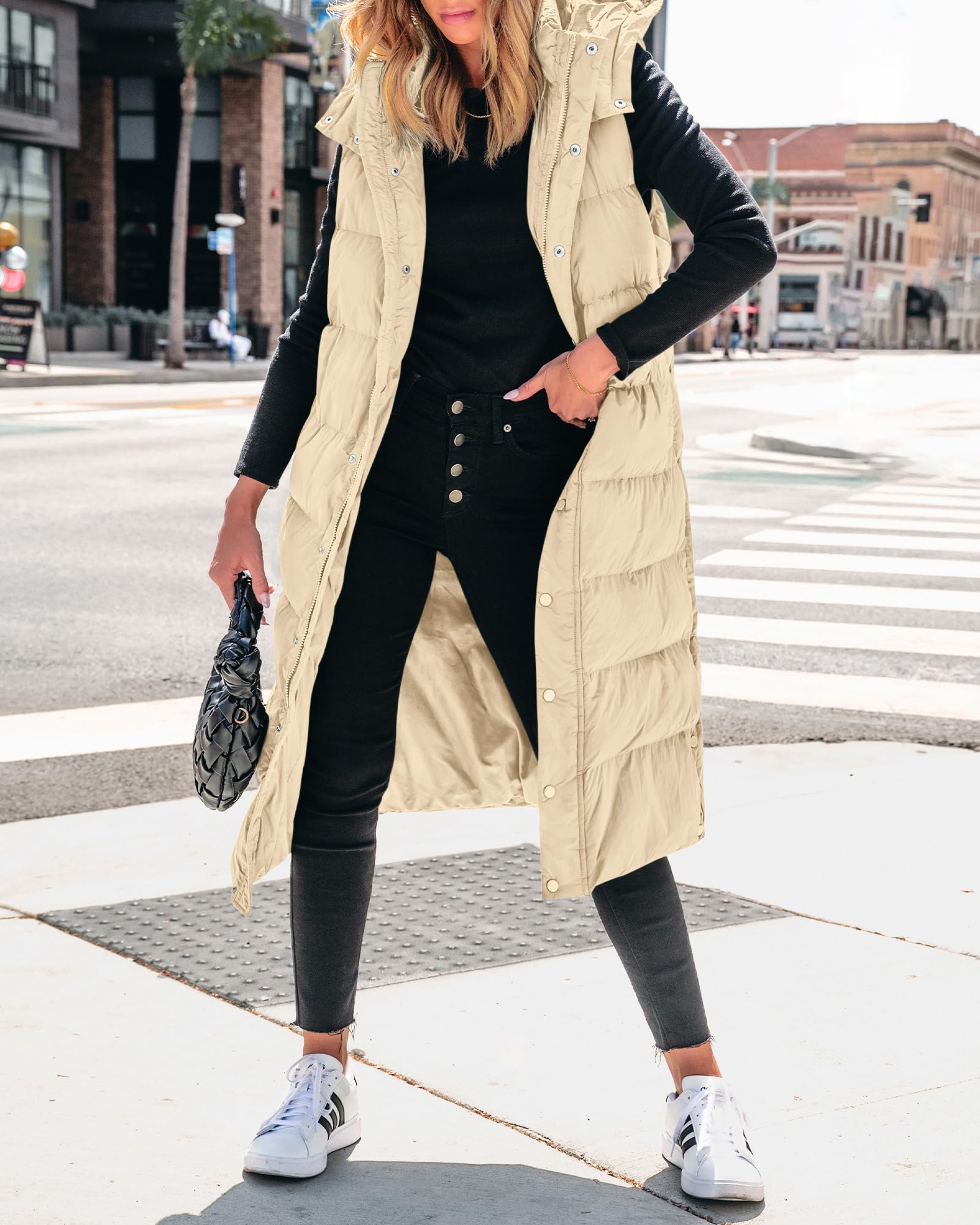 FreshPretty Long Puffer Vest Women Quilted Hooded Button Down Zip Up Sleeveless Vests Outerwear Padded Jacket Fall Winter Coat