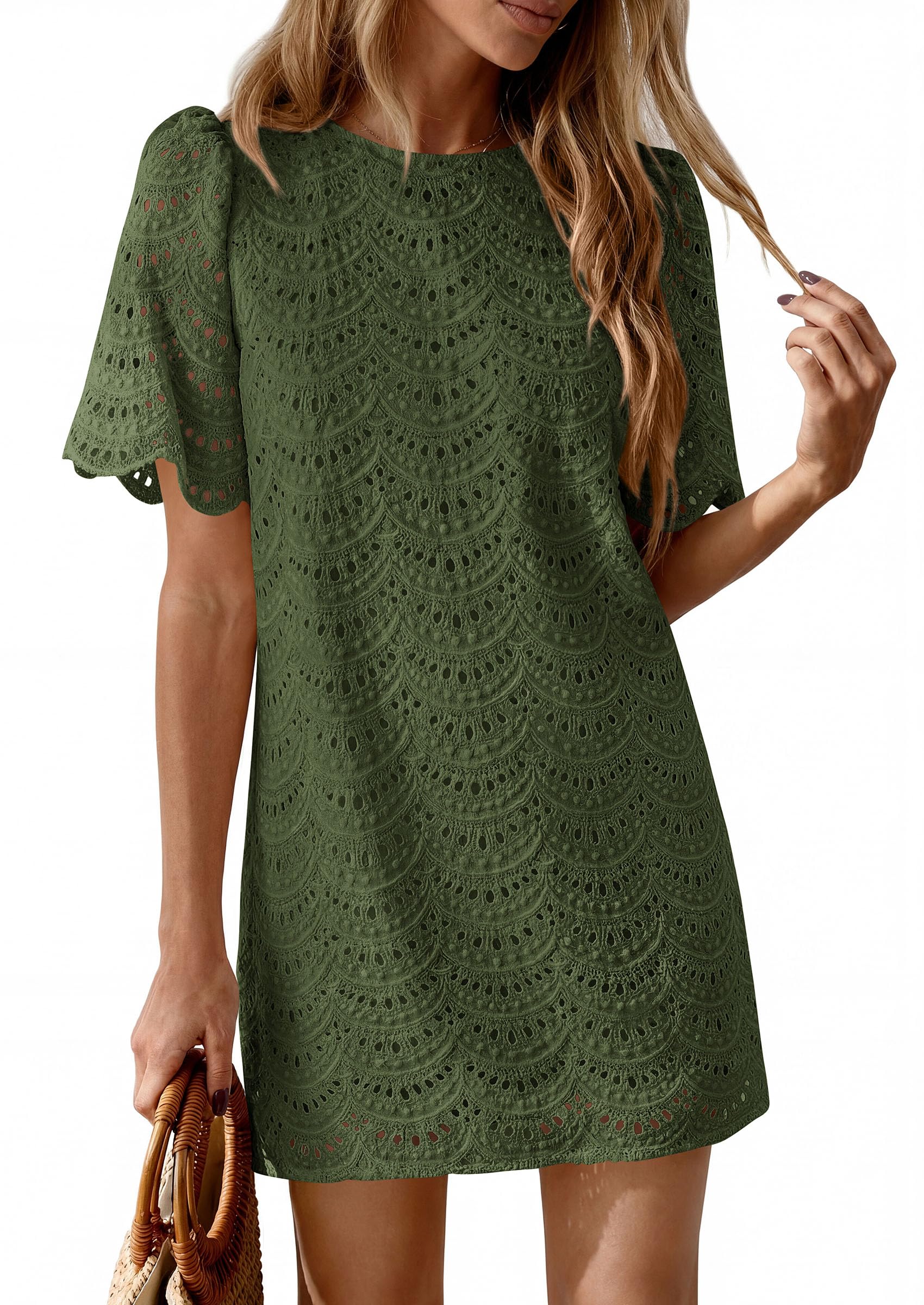 PRETTYGARDEN Women's Summer Casual Short Dresses Embroidered Lace Short Sleeve Boho Mini Dress Beach Vacation Clothes
