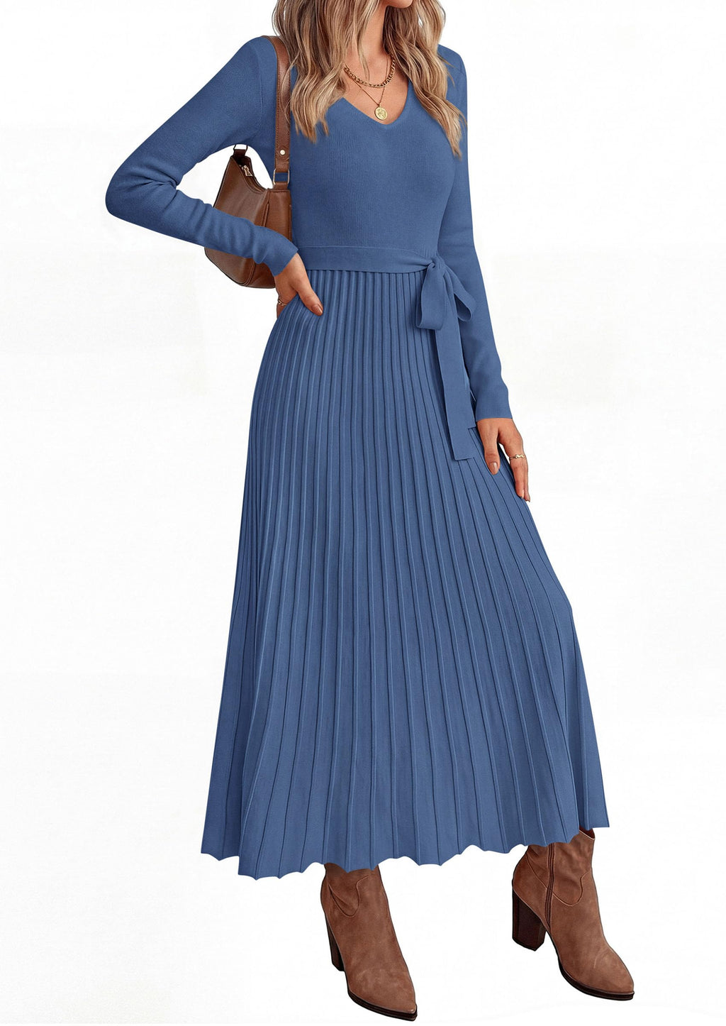 PRETTYGARDEN Womens Fall Maxi Long Sleeve Sweater Dress Soft Stretchy Knit, V Neck A Line Dresses with Bow, Flowy Pleated Hem, Cocktail Party Outfits, Trendy Winter Clothes