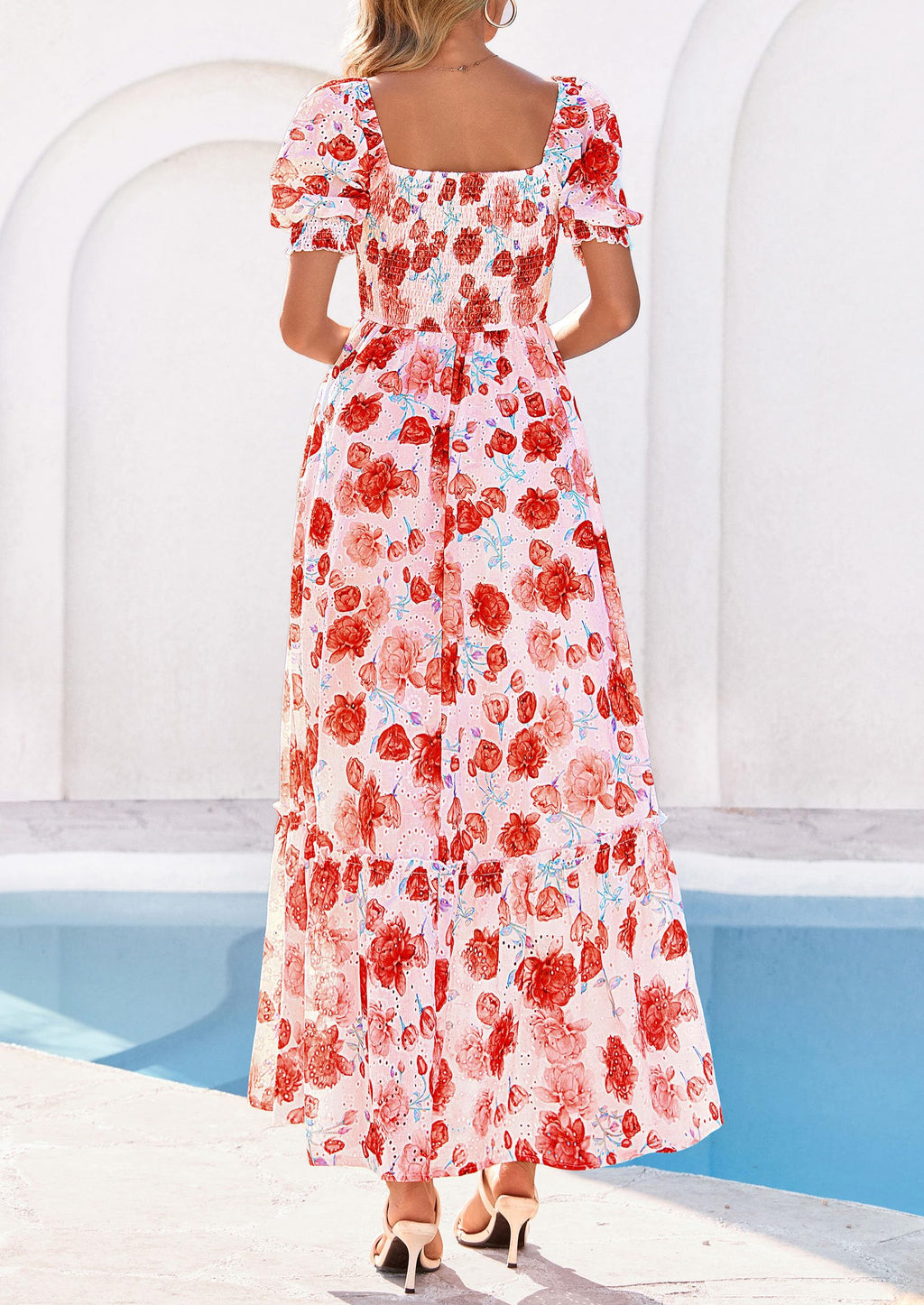 PRETTYGARDEN Women's Floral Boho Maxi Dresses Flowy Short Sleeve A Line Smocked Eyelet Summer Beach Vacation Clothes