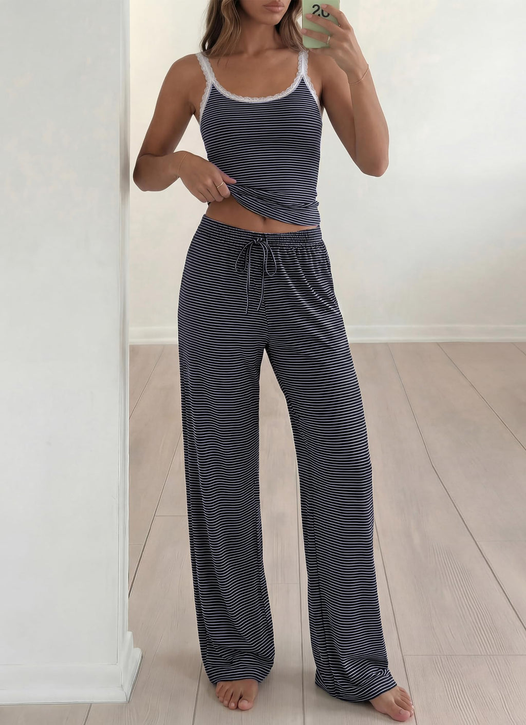 BTFBM Lounge Sets For Women Striped 2 Piece Pajama Sets Spaghetti Strap Tops Wide Leg Pants Beach Vacation Outfits