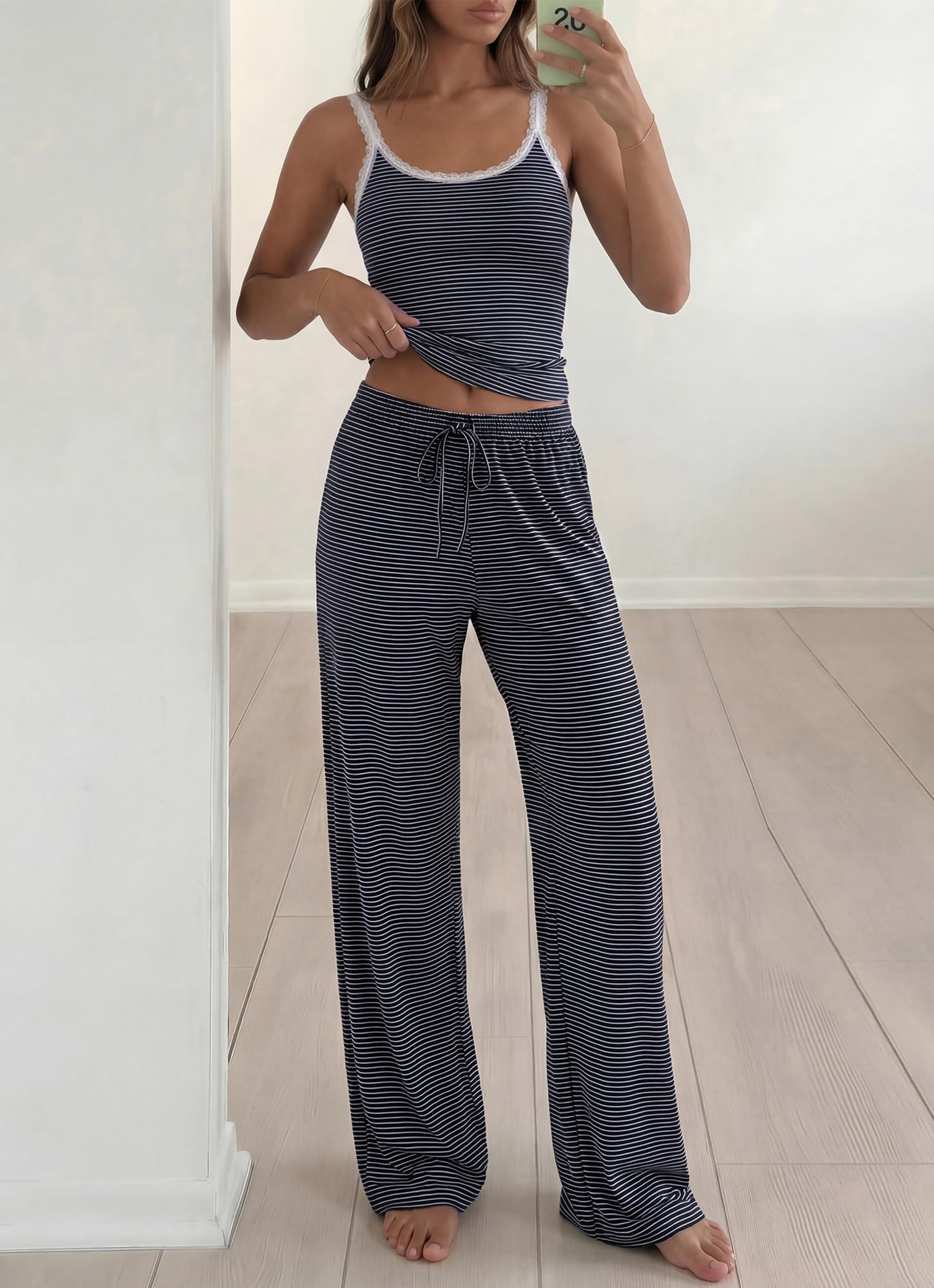 BTFBM Lounge Sets For Women Striped 2 Piece Pajama Sets Spaghetti Strap Tops Wide Leg Pants Beach Vacation Outfits