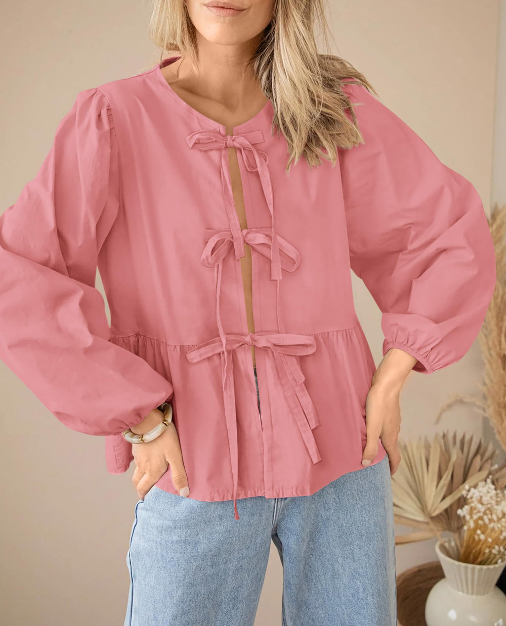 PRETTYGARDEN Women's Spring Fall Babydoll Peplum Blouse Shirt Puff Long Sleeve Bow Tie Front Trendy Cute Y2K Going Out Tops