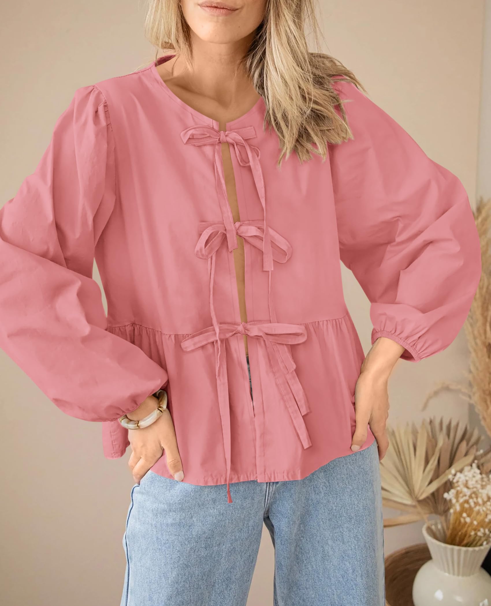 PRETTYGARDEN Women's Spring Fall Babydoll Peplum Blouse Shirt Puff Long Sleeve Bow Tie Front Trendy Cute Y2K Going Out Tops
