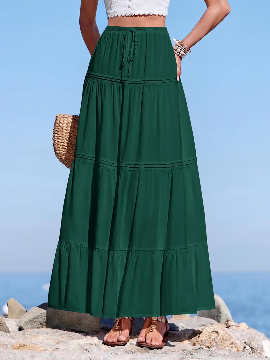 BTFBM Spring Skirts for Women Summer Boho Beach Vacation Clothes Casual Pleated High Waisted Flowy Maxi Skirt