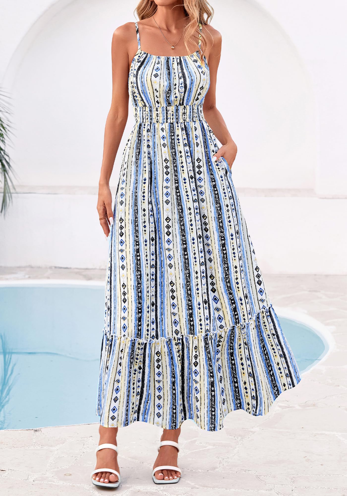 BTFBM Summer Dresses for Women Sundresses Sleeveless Spaghetti Strap Boho Beach Vacation Outfits Spring Maxi Dress