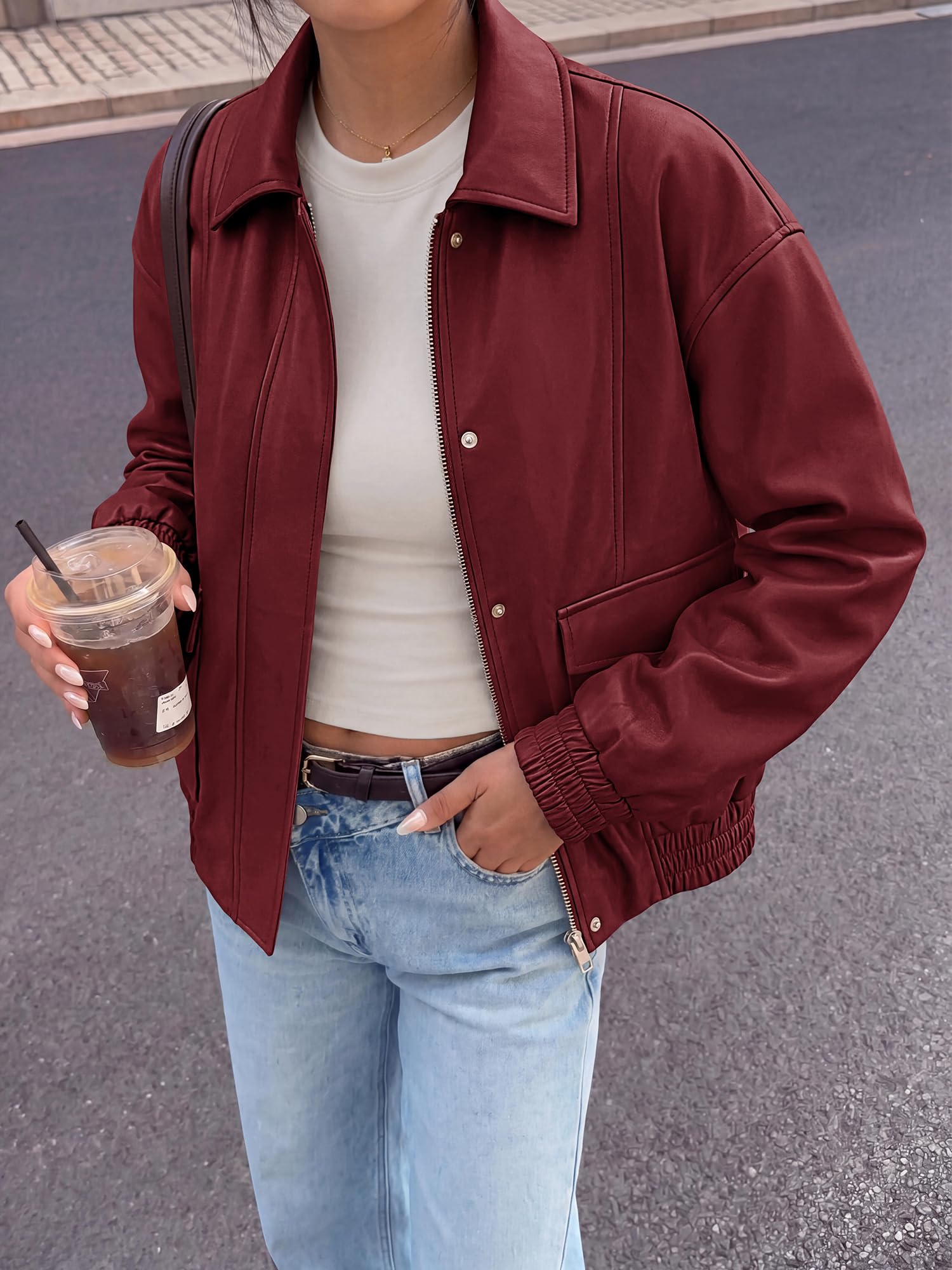 BTFBM Faux Leather Jacket Women Fall Clothes Long Sleeve, Bomber Jackets, Snaps, Pockets, Oversized, Zip Up Motorcycle Outerwear, Airport, Going Out Outfits, Winter Coat