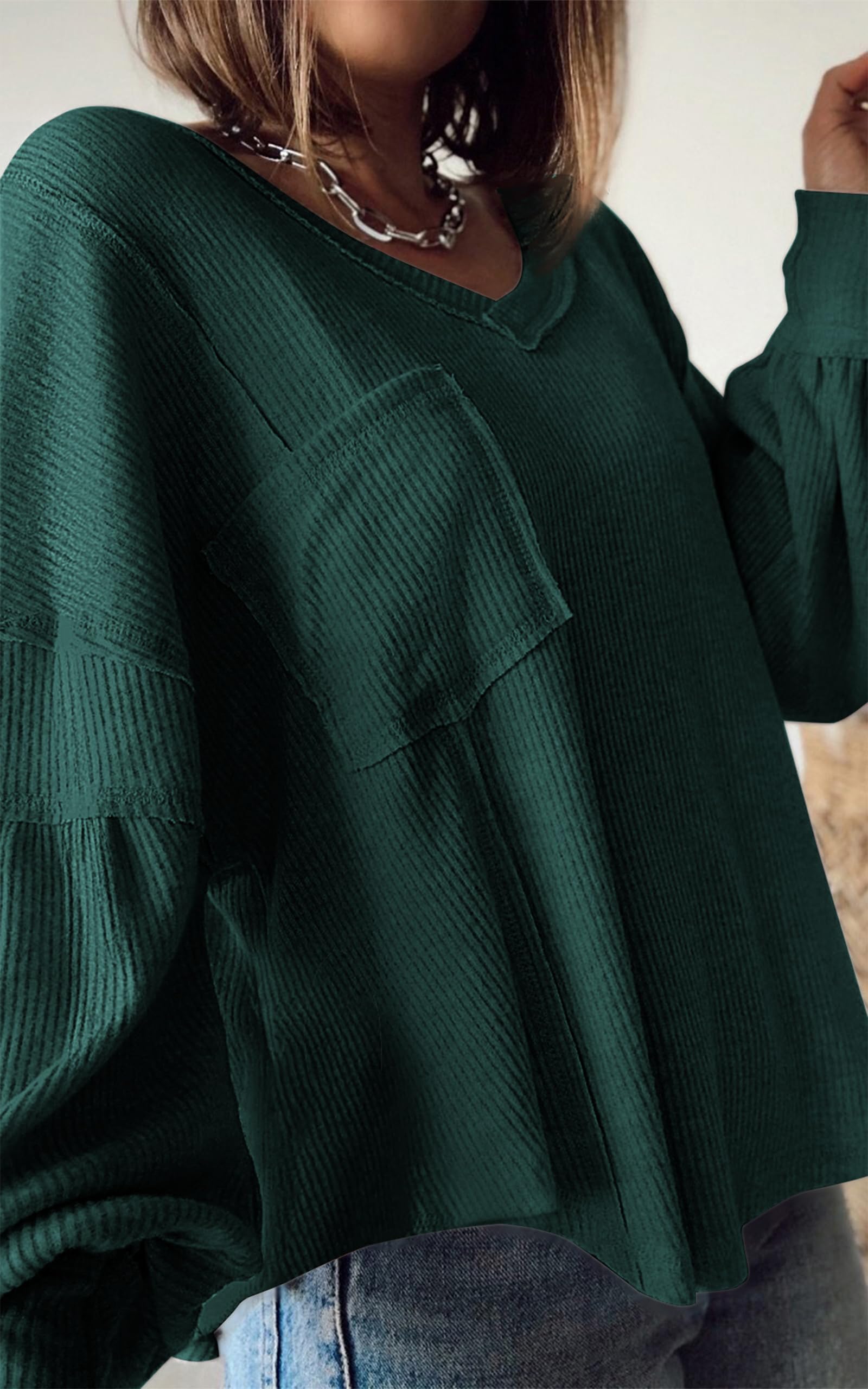 FreshPretty Womens Fall Fashion Long Sleeve Shirts Casual V Neck Ribbed Knit Blouses Pullover Trendy Loose Fit Tunic Tops