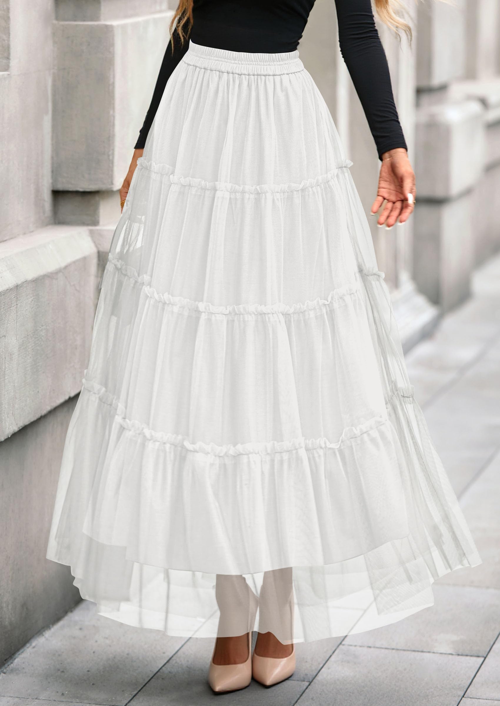 PRETTYGARDEN Tulle Skirts for Women Fall Fashion Elastic High Waisted Fairy Tiered Flowy A-Line Casual Maxi Long Skirt