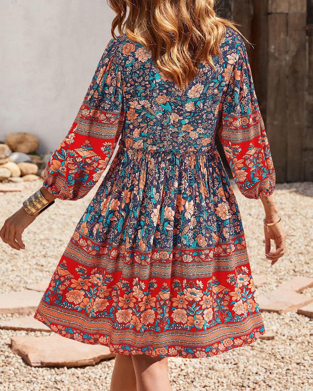 BTFBM Women Casual Spring Summer Dresses V Neck 3/4 Long Sleeve Ruffle Floral Flowy Boho Babydoll Mini Short Beach Dress