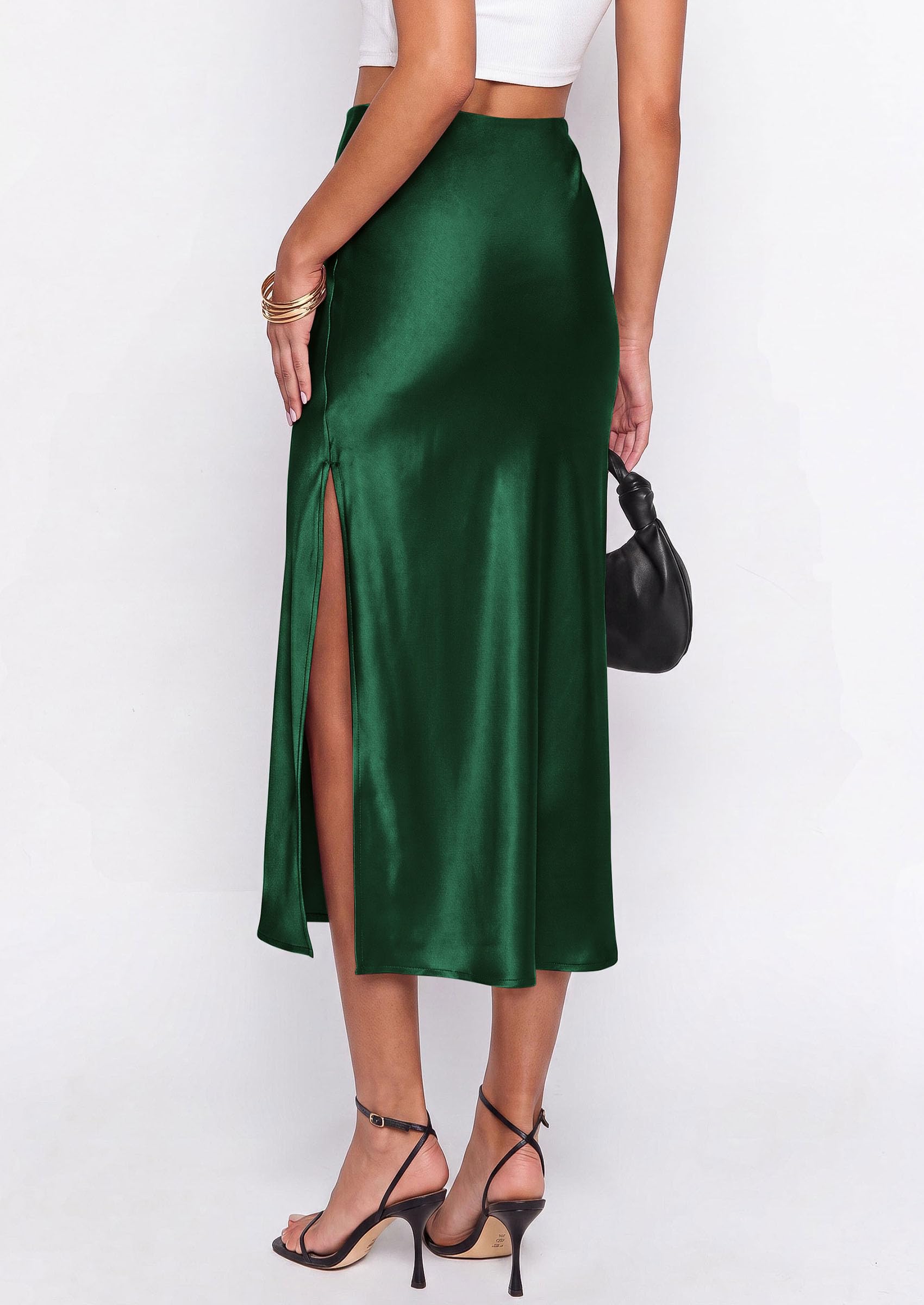 PRETTYGARDEN Womens Satin Skirt Summer Silk Business Casual High Waisted A Line Flowy Work Wedding Cocktail Midi Skirts