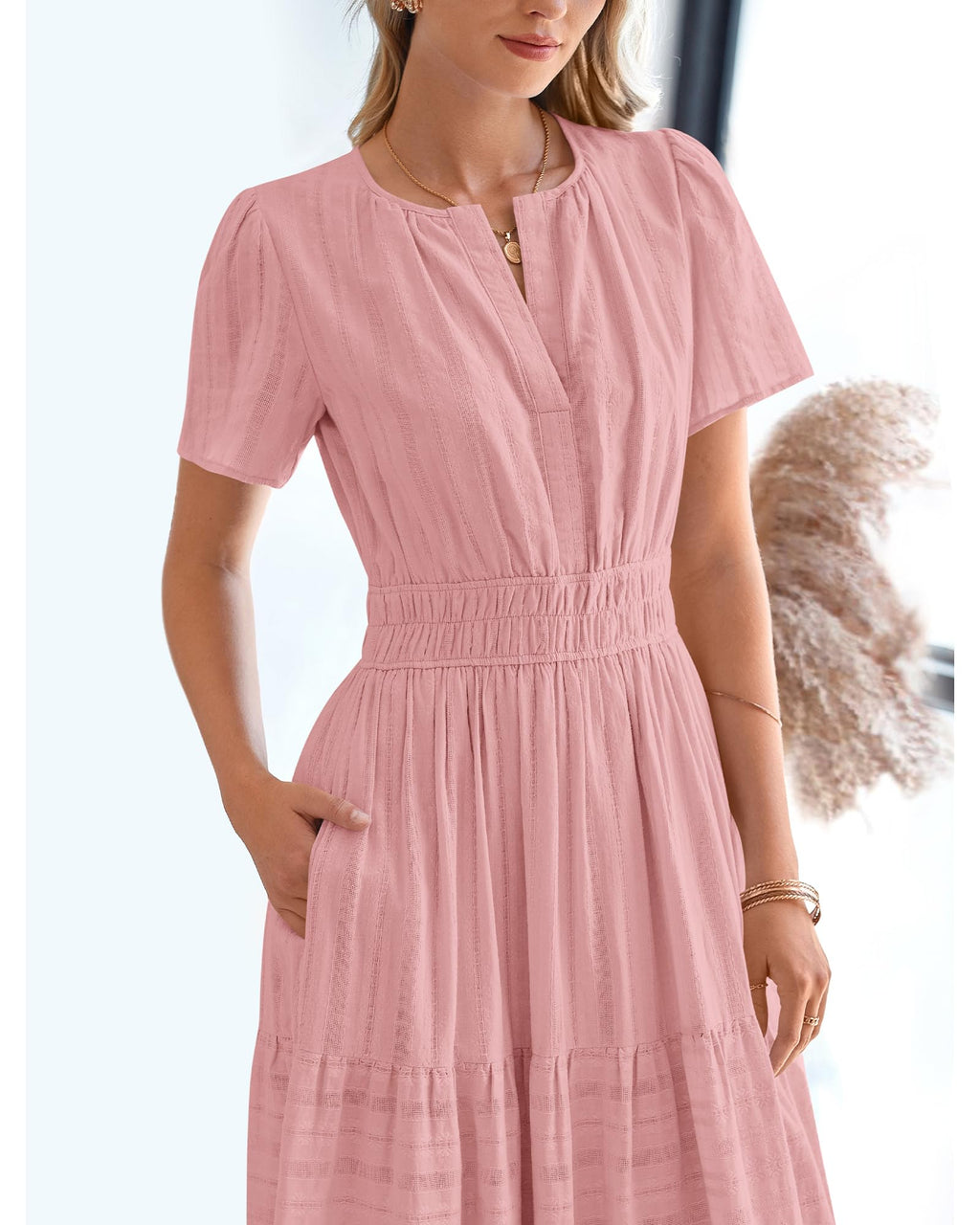 BTFBM Womens Summer Casual Midi Maxi Dresses Lightweight Short Sleeve V Neck Elastic Waist Boho Beach Dress Pockets