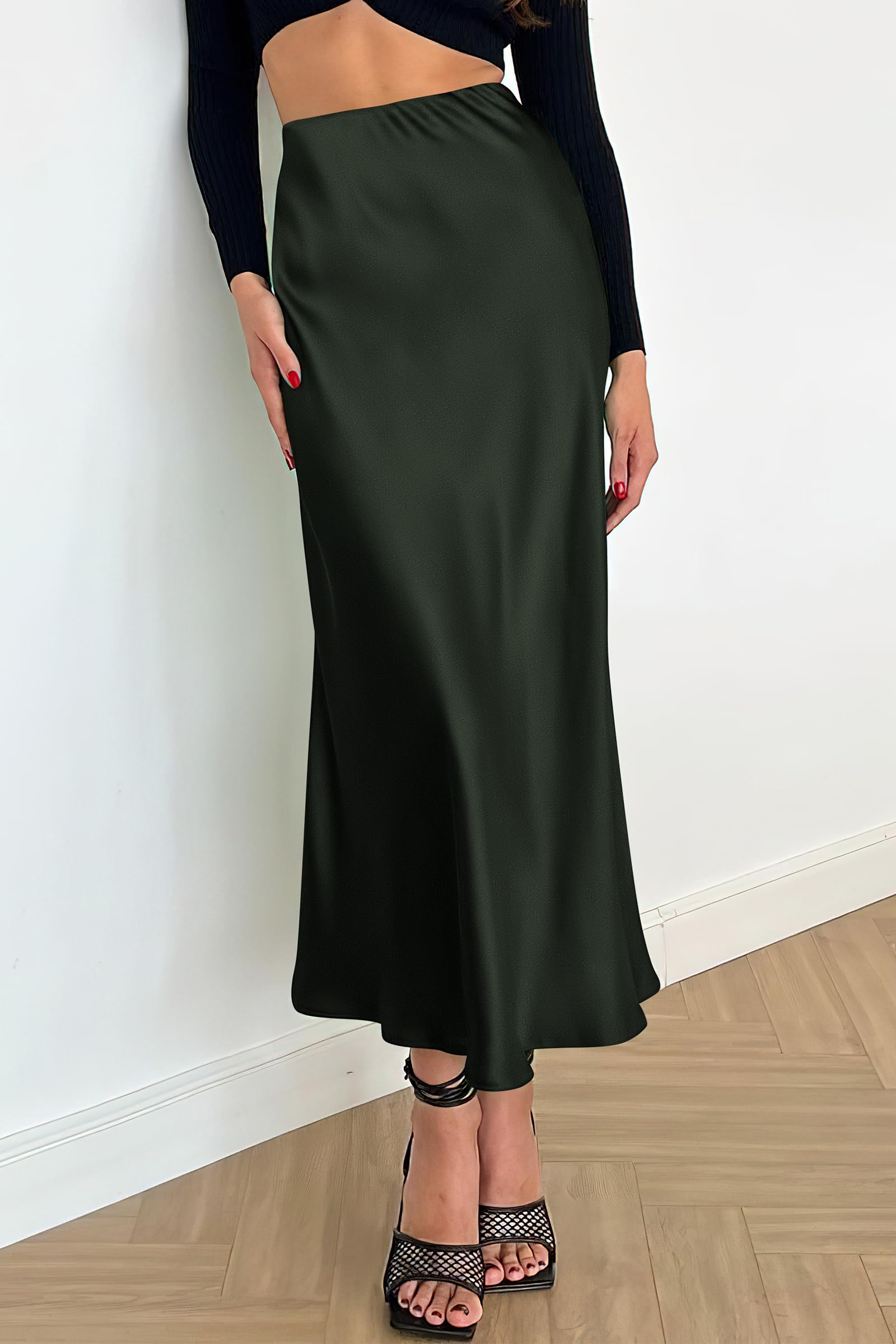 PRETTYGARDEN Women's Satin Skirts Dressy Casual Fall High Waisted Cocktail Wedding Flowy Elegant A Line Midi Skirt