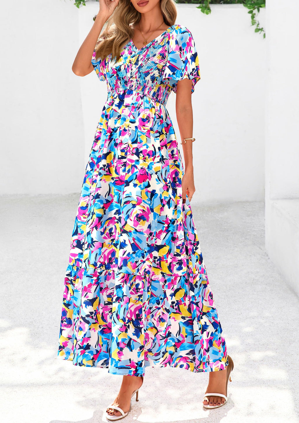 PRETTYGARDEN Boho Dresses for Women Summer Floral Short Sleeve V Neck Smocked Flowy Beach Vacation Maxi Dress