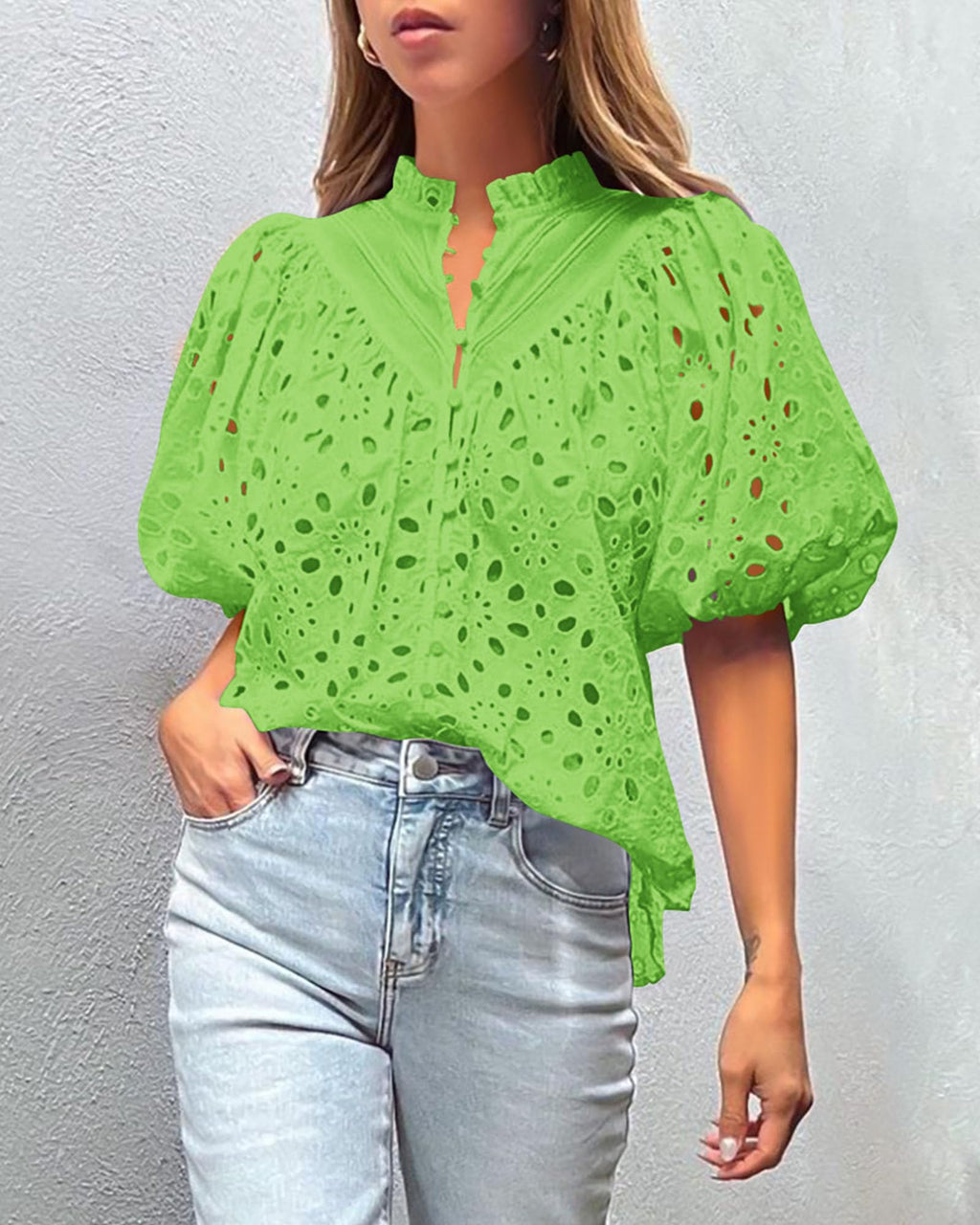 PRETTYGARDEN Women's Summer Tops Dressy Casual Short Sleeve V Neck Buttons Hollow Out Lace Embroidered Blouses Shirts
