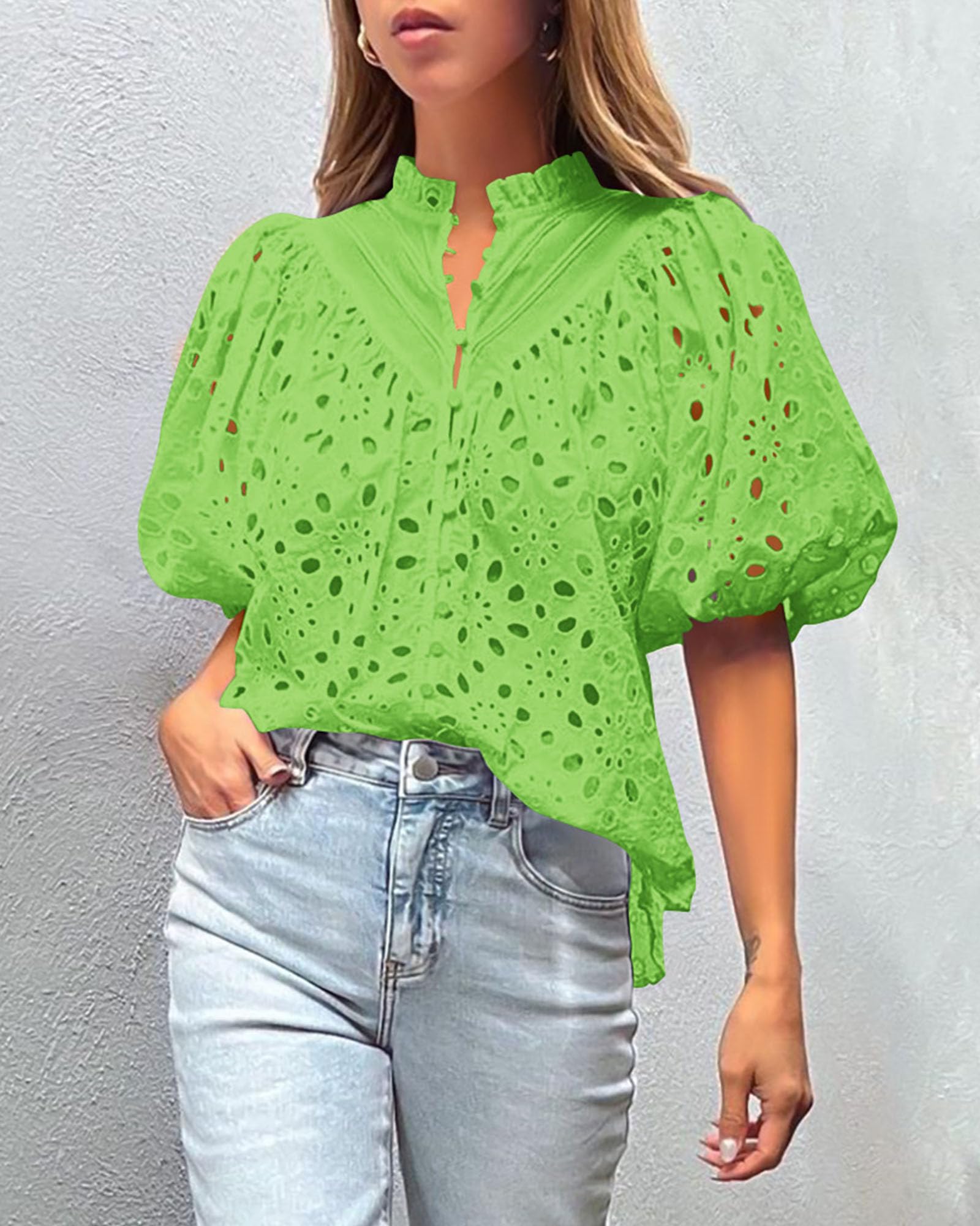 PRETTYGARDEN Women's Summer Tops Dressy Casual Short Sleeve V Neck Buttons Hollow Out Lace Embroidered Blouses Shirts