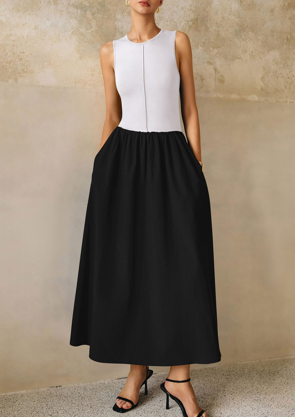 PRETTYGARDEN Maxi Dresses for Women Summer Casual Sleeveless Patchwork Flowy Vacation Sundress Knit Long Work Tank Dress