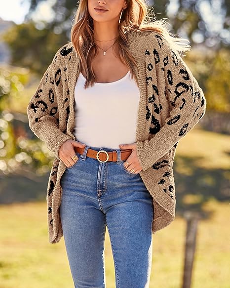 FreshPretty Leopard Cardigan for Women Long Sleeve Open Front Cardigans Sweaters Pockets Loose Knit Fall Winter Outwear