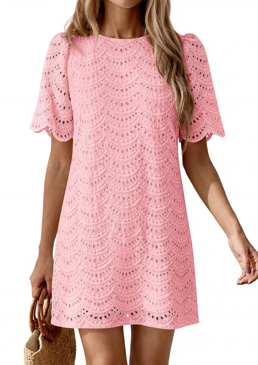 PRETTYGARDEN Women's Summer Casual Short Dresses Embroidered Lace Short Sleeve Boho Mini Dress Beach Vacation Clothes