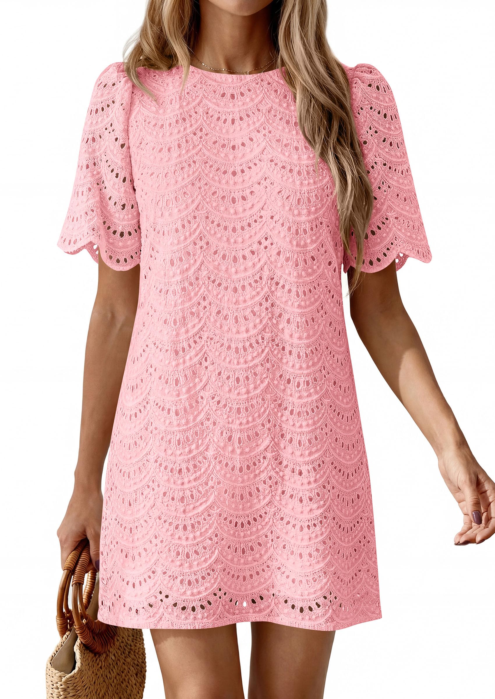 PRETTYGARDEN Women's Summer Casual Short Dresses Embroidered Lace Short Sleeve Boho Mini Dress Beach Vacation Clothes