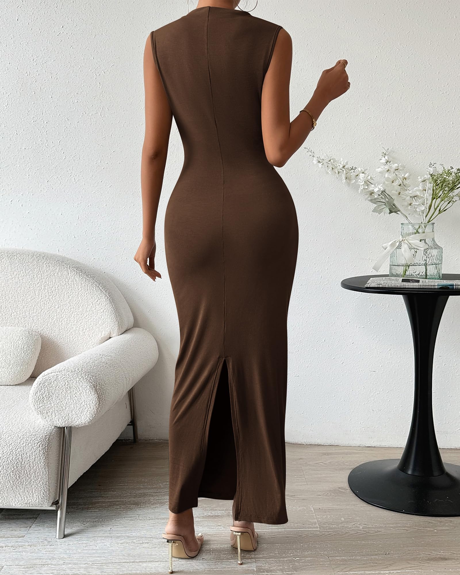 BTFBM Women's Ruched Bodycon Dress Summer Casual Sleeveless Lightweight Back Slit Elegant Club Party Cocktail Maxi Dresses