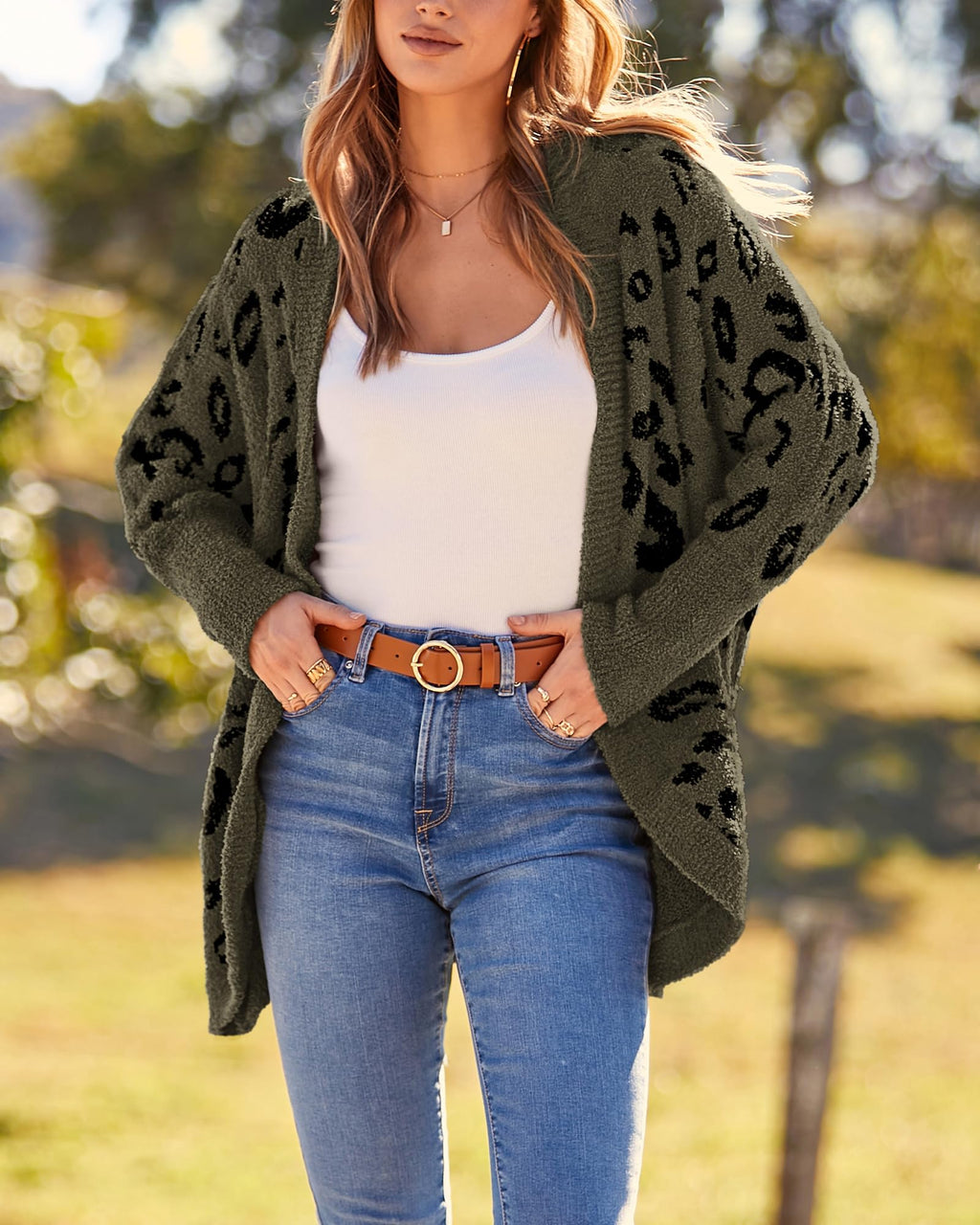 FreshPretty Leopard Cardigan for Women Long Sleeve Open Front Cardigans Sweaters Pockets Loose Knit Fall Winter Outwear