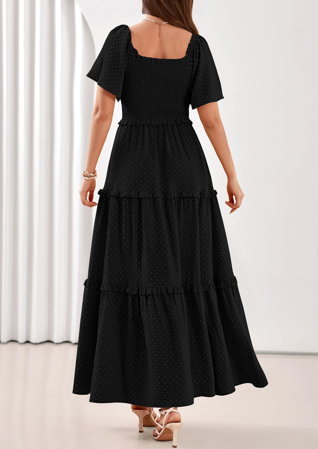 PRETTYGARDEN Summer Dresses for Women Boho Swiss Dot Smocked Square Neck Short Sleeve Spring Wedding Guest Maxi Dress