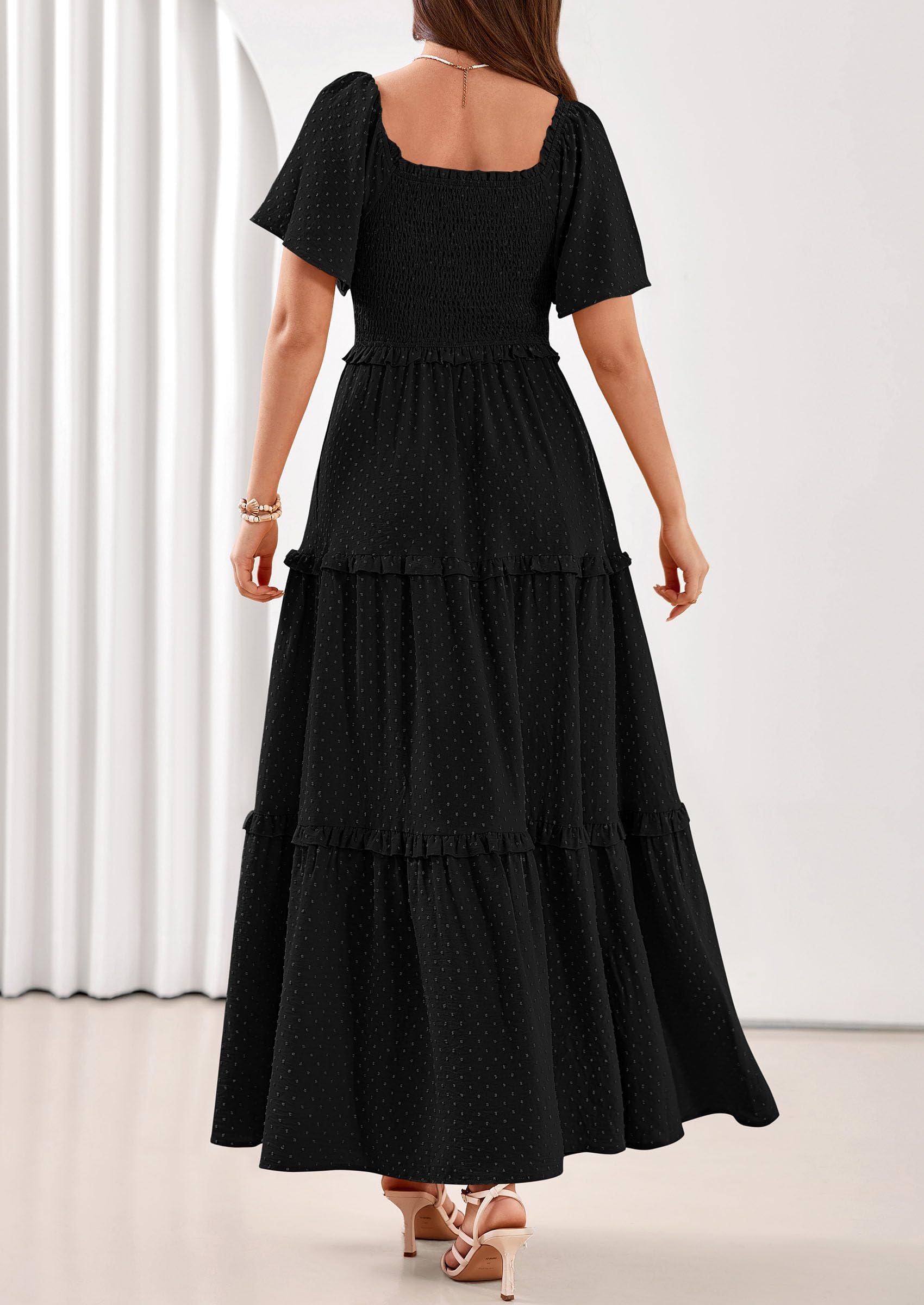PRETTYGARDEN Summer Dresses for Women Boho Swiss Dot Smocked Square Neck Short Sleeve Spring Wedding Guest Maxi Dress