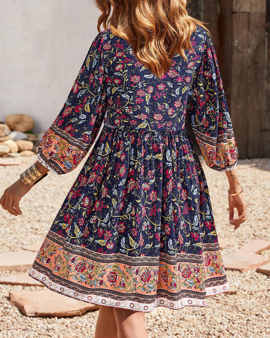 BTFBM Women Casual Spring Summer Dresses V Neck 3/4 Long Sleeve Ruffle Floral Flowy Boho Babydoll Mini Short Beach Dress
