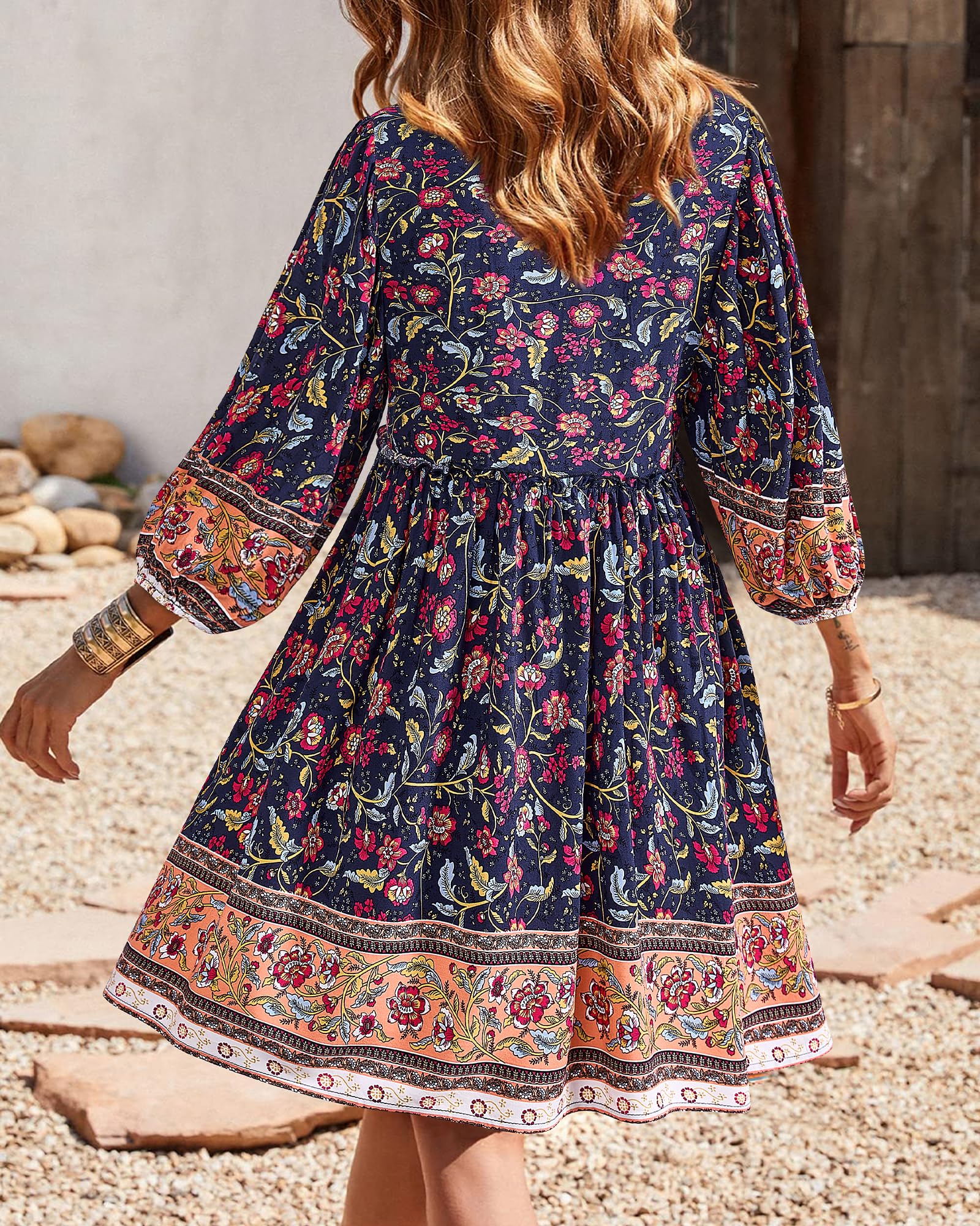 BTFBM Women Casual Spring Summer Dresses V Neck 3/4 Long Sleeve Ruffle Floral Flowy Boho Babydoll Mini Short Beach Dress
