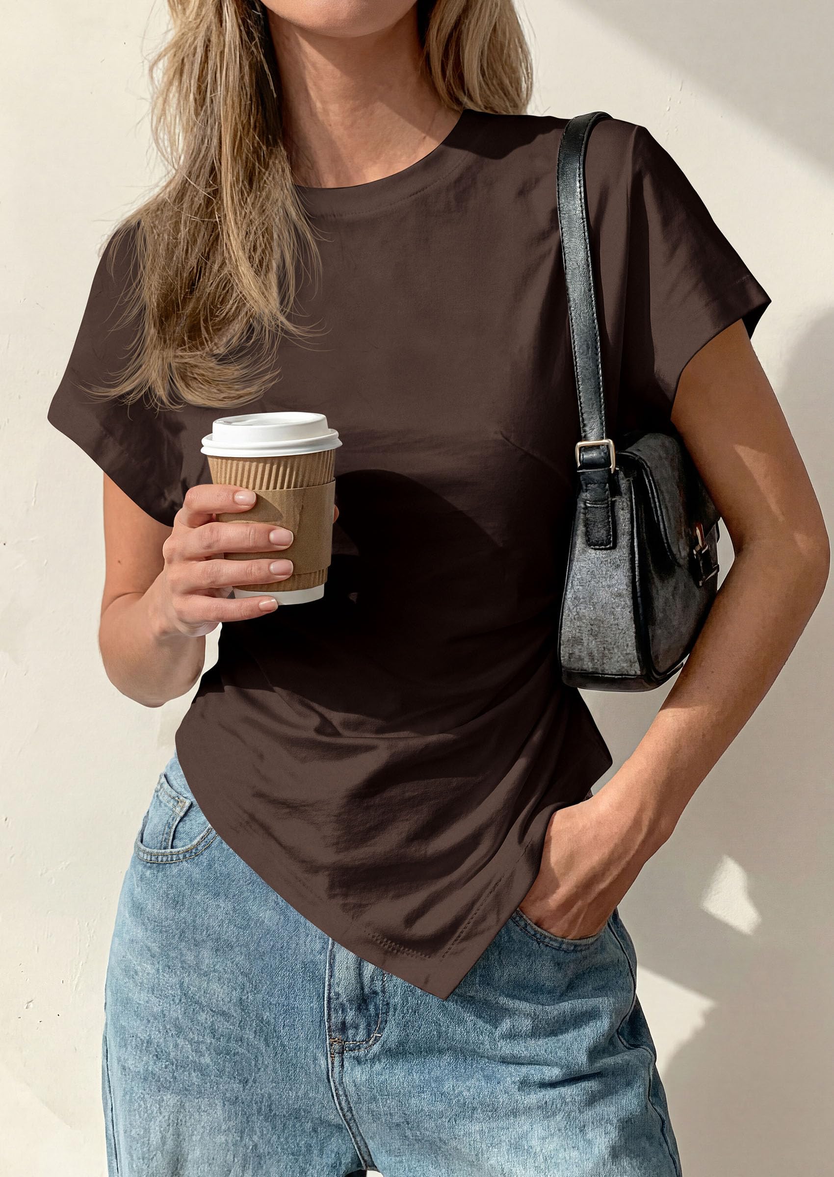 PRETTYGARDEN Womens Short Sleeve Crew Neck Trendy Shirts Spring Summer Y2K Going Out Tops Asymmetrical Ruched Blouse